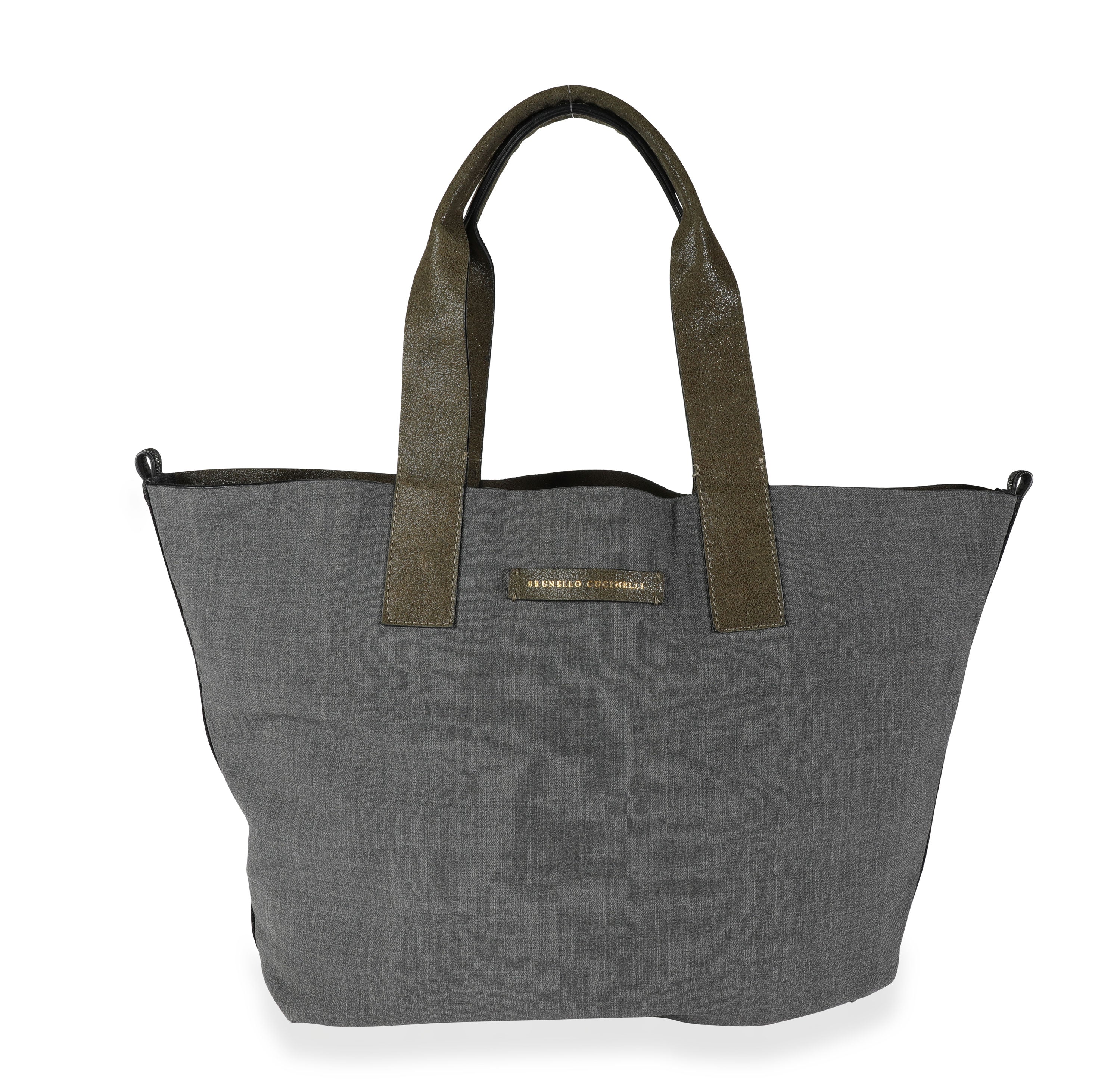 Brunello Cucinelli Olive Suede & Gray Wool Reversible Tote Handbag fv