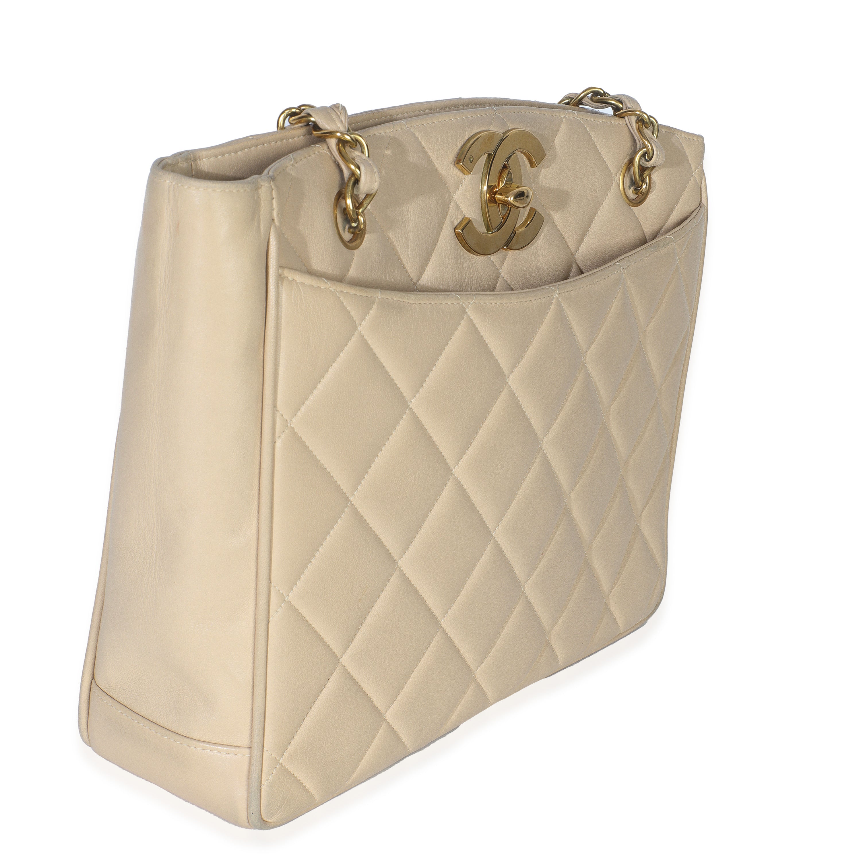 Chanel Vintage Beige Quilted Lambskin CC Shoulder Tote Handbag pv