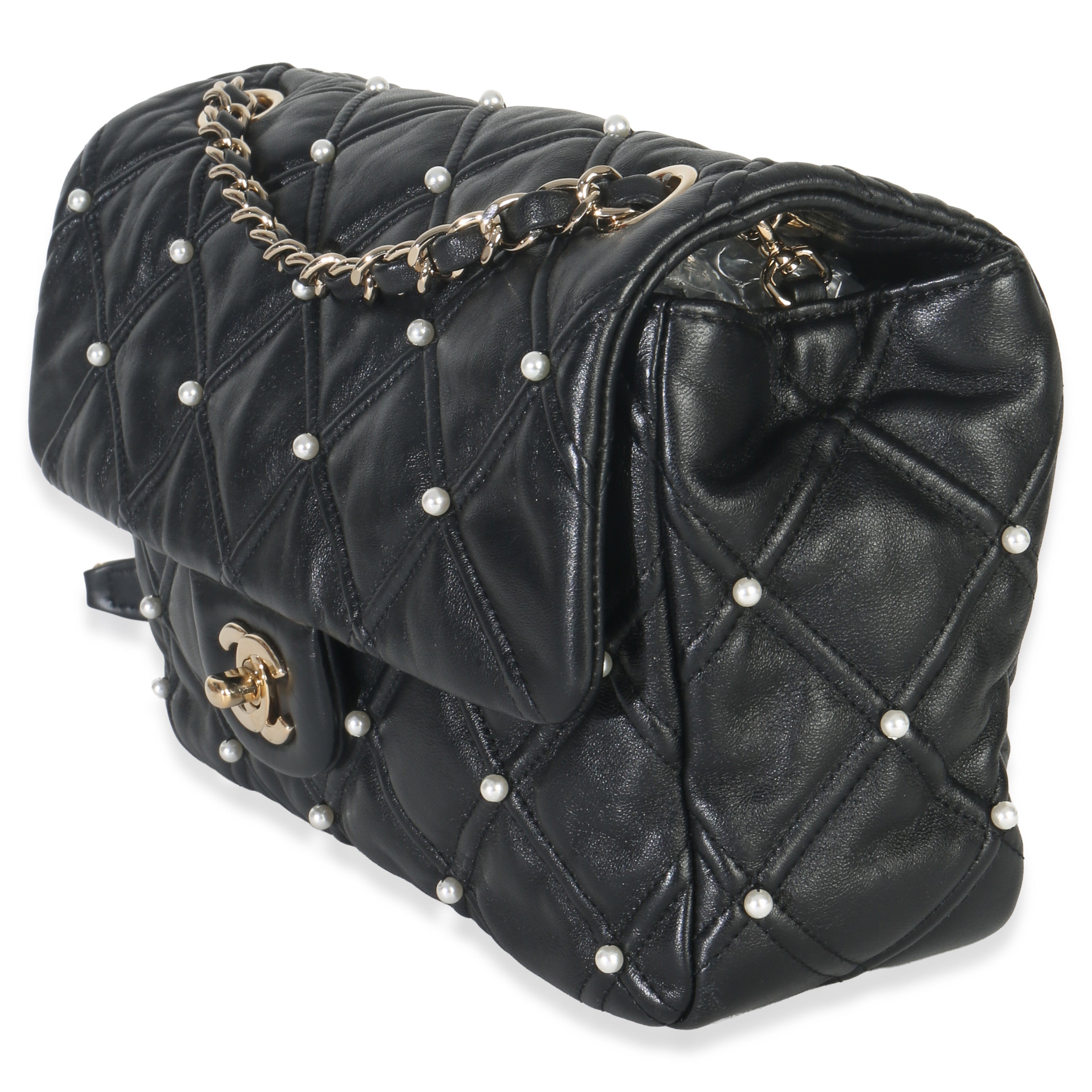 Chanel Black Pearl Studded Lambskin Medium CC Flap Bag Handbag sv