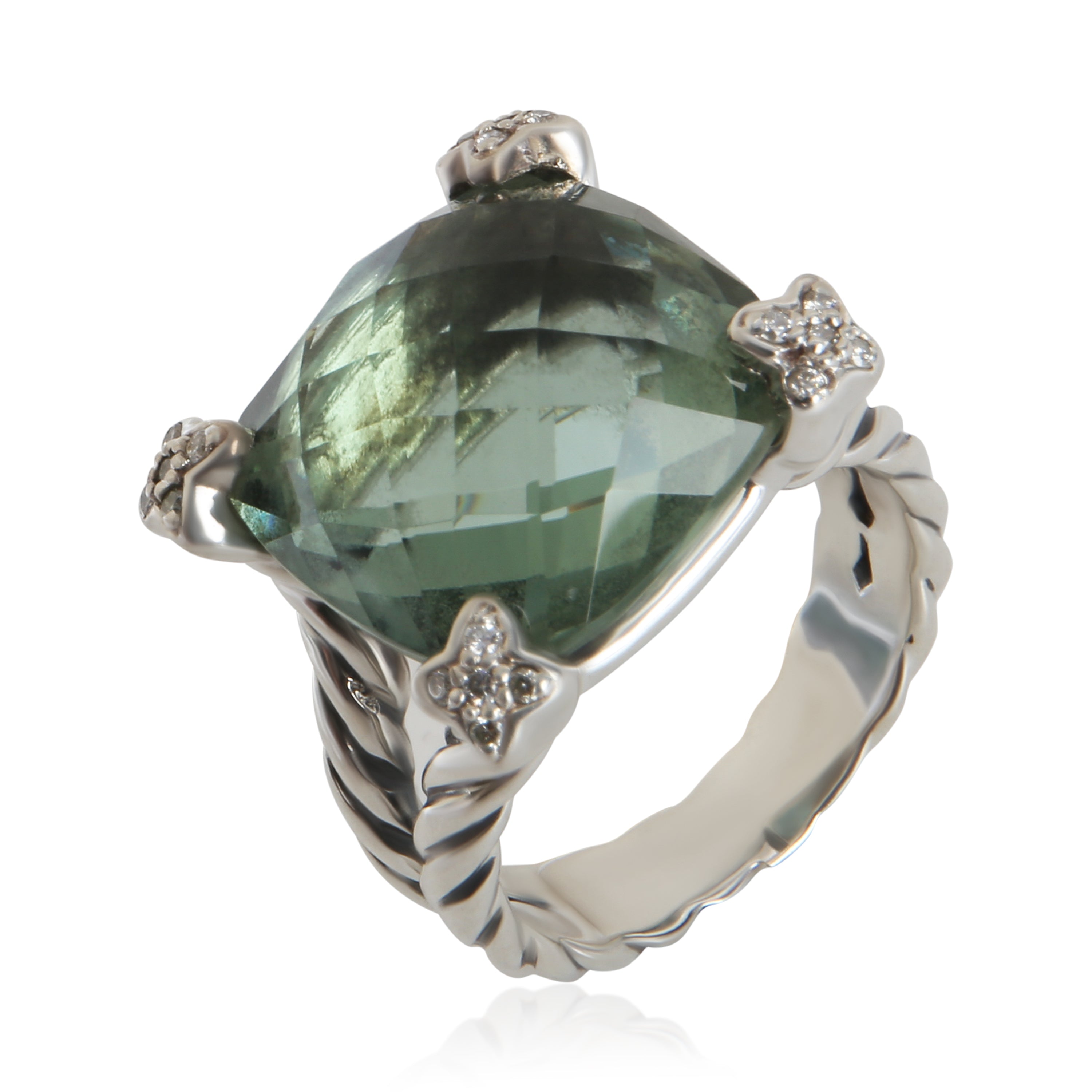 David Yurman Sterling Silver Prasiolite and Diamond On Point Ring bv