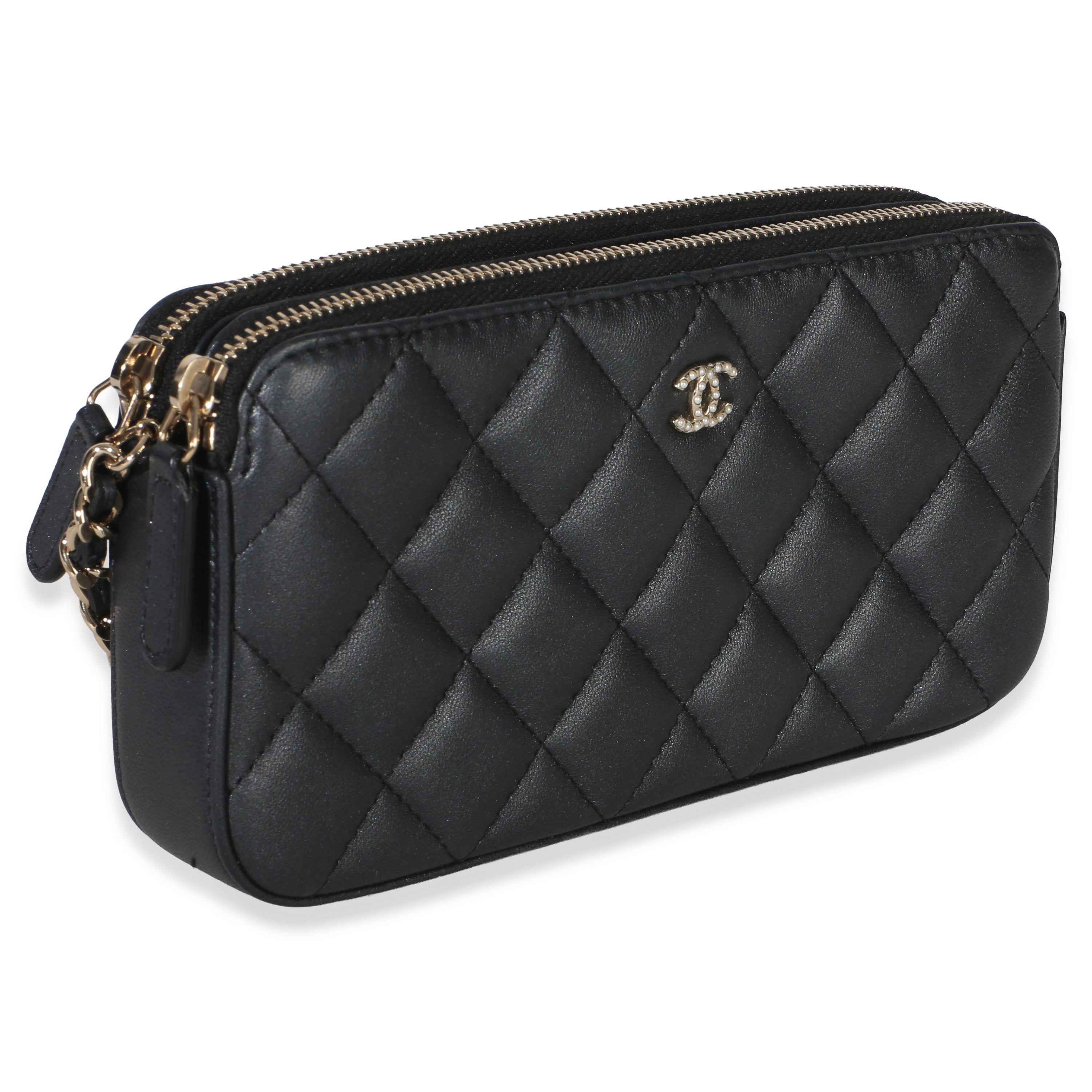 Chanel Black Quilted Lambskin Pearl CC Double Zip Clutch With Chain Handbag pv