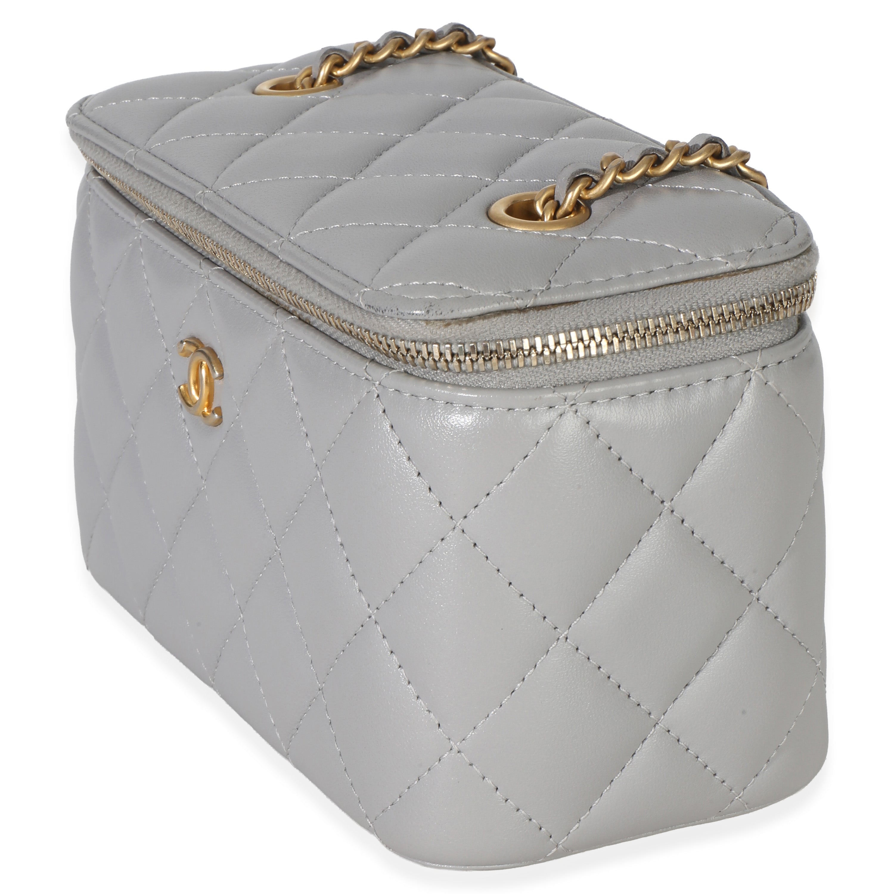 Chanel Grey Quilted Lambskin Small Pearl Crush Vanity Case Handbag sv