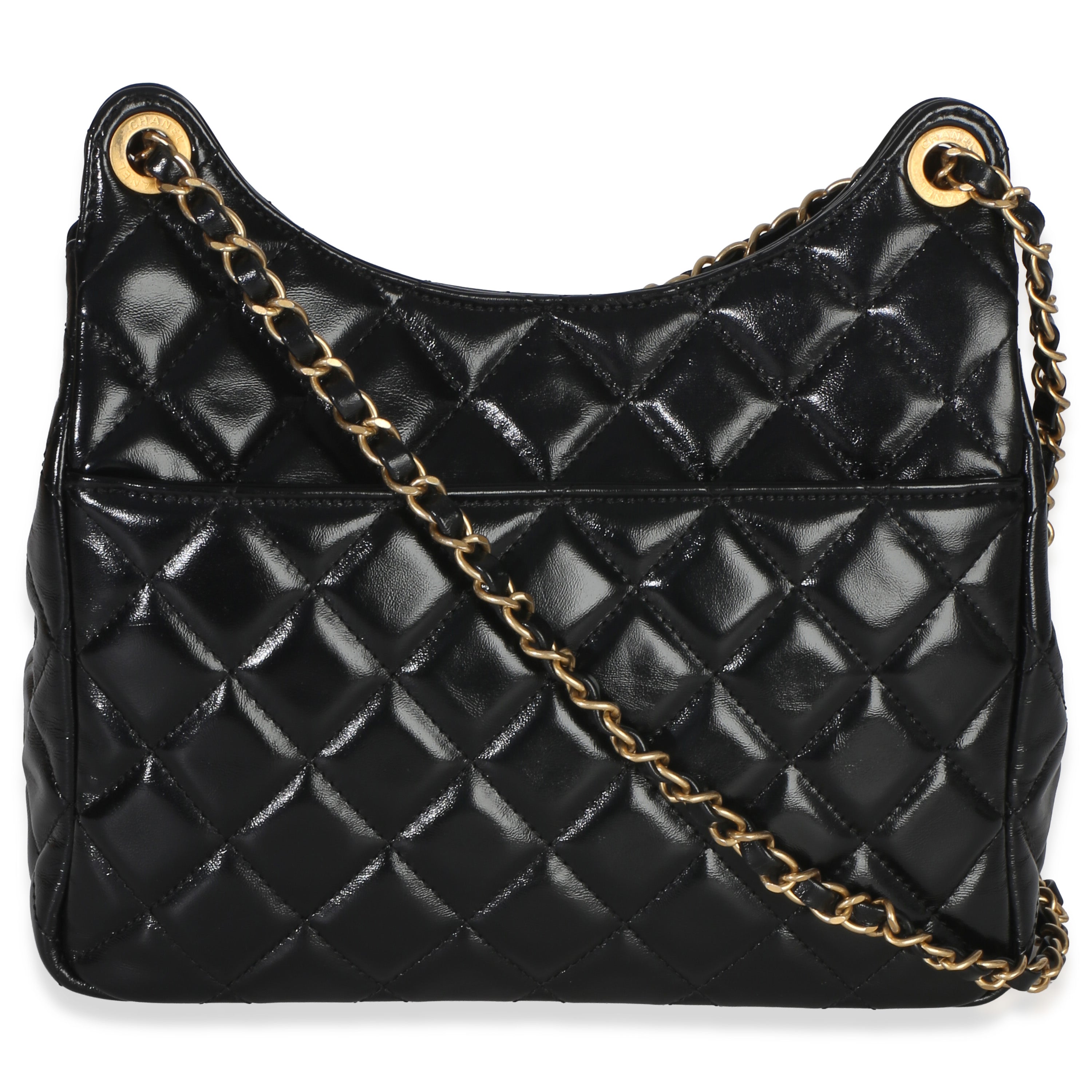 Chanel Black Quilted Shiny Crumpled Calfskin Small Wavy CC Hobo Handbag bv