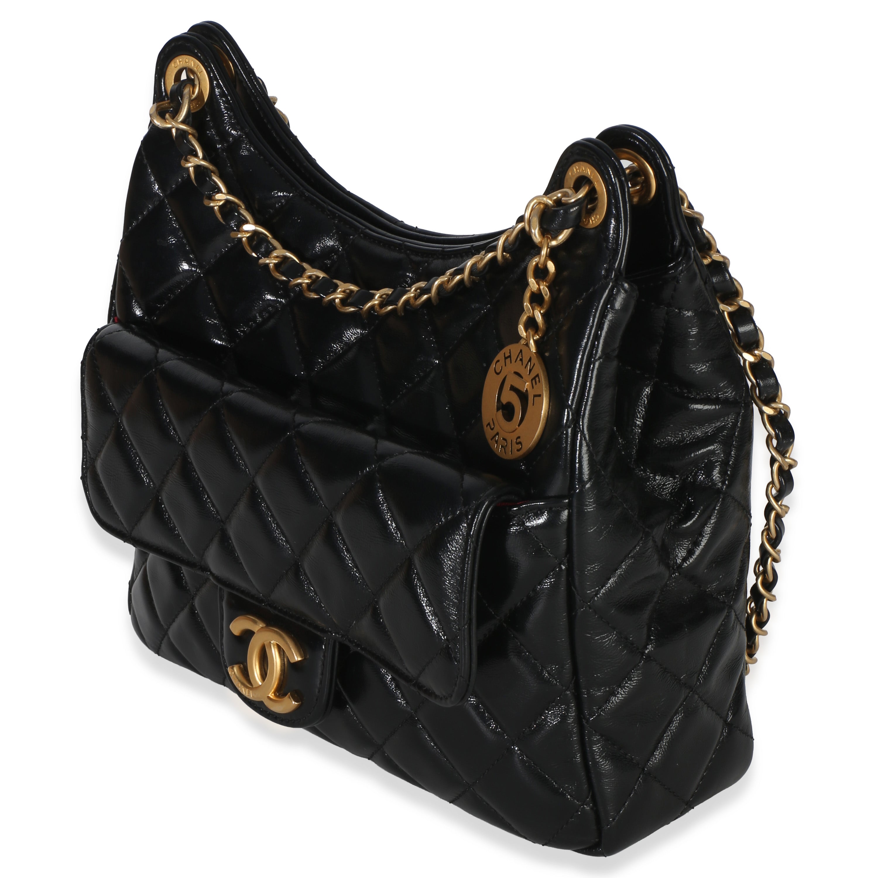 Chanel Black Quilted Shiny Crumpled Calfskin Small Wavy CC Hobo Handbag sv