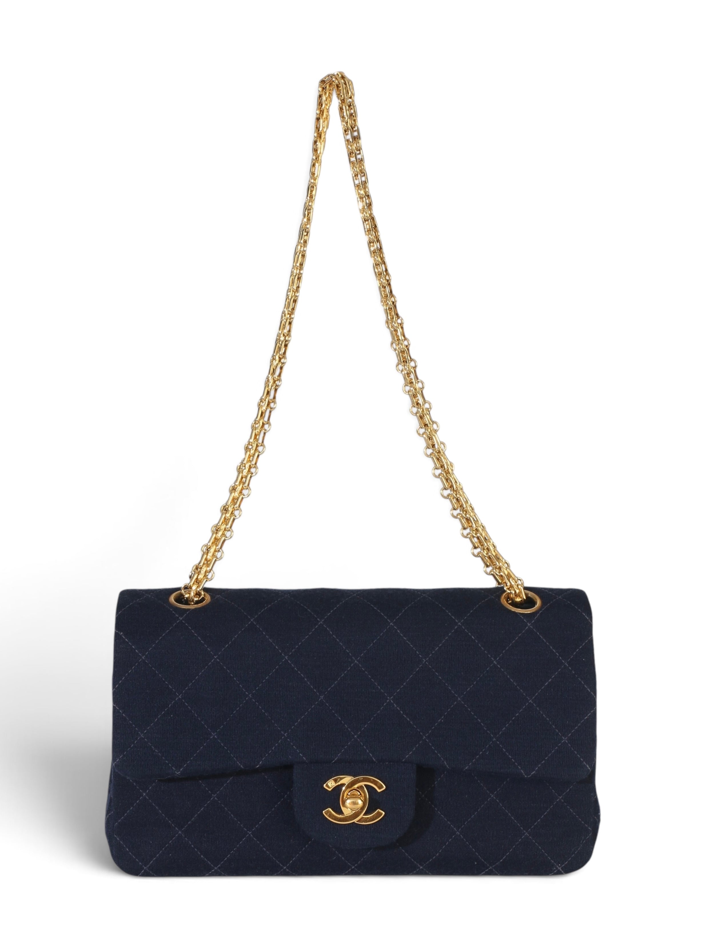 Chanel Vintage Blue Quilted Jersey Small Double Flap