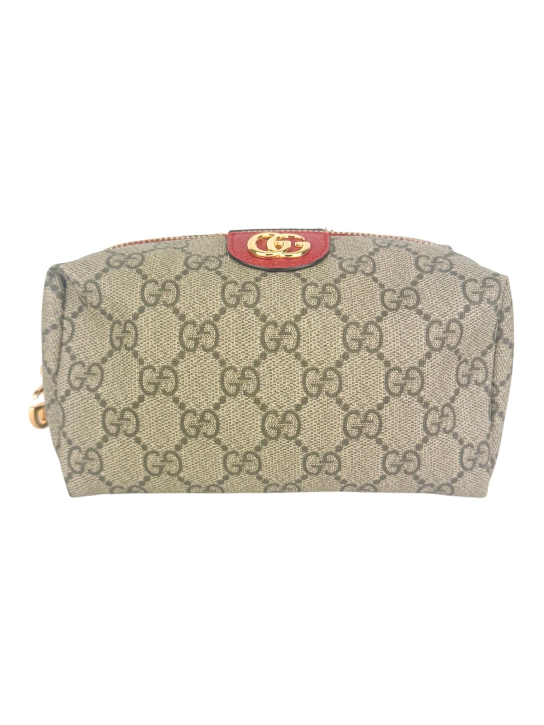 Gucci Brown, Beige and Red Coated Canvas GG Supreme Cosmetic Pouch