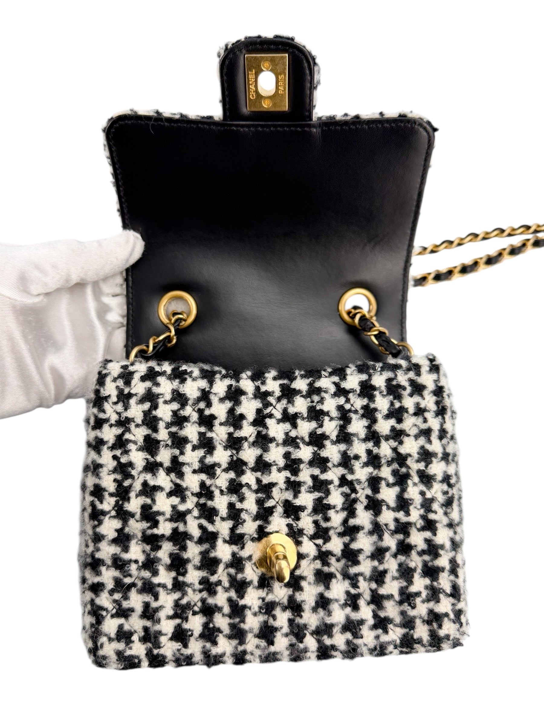 Chanel Mini Square Tweed Houndstooth Flap Classic