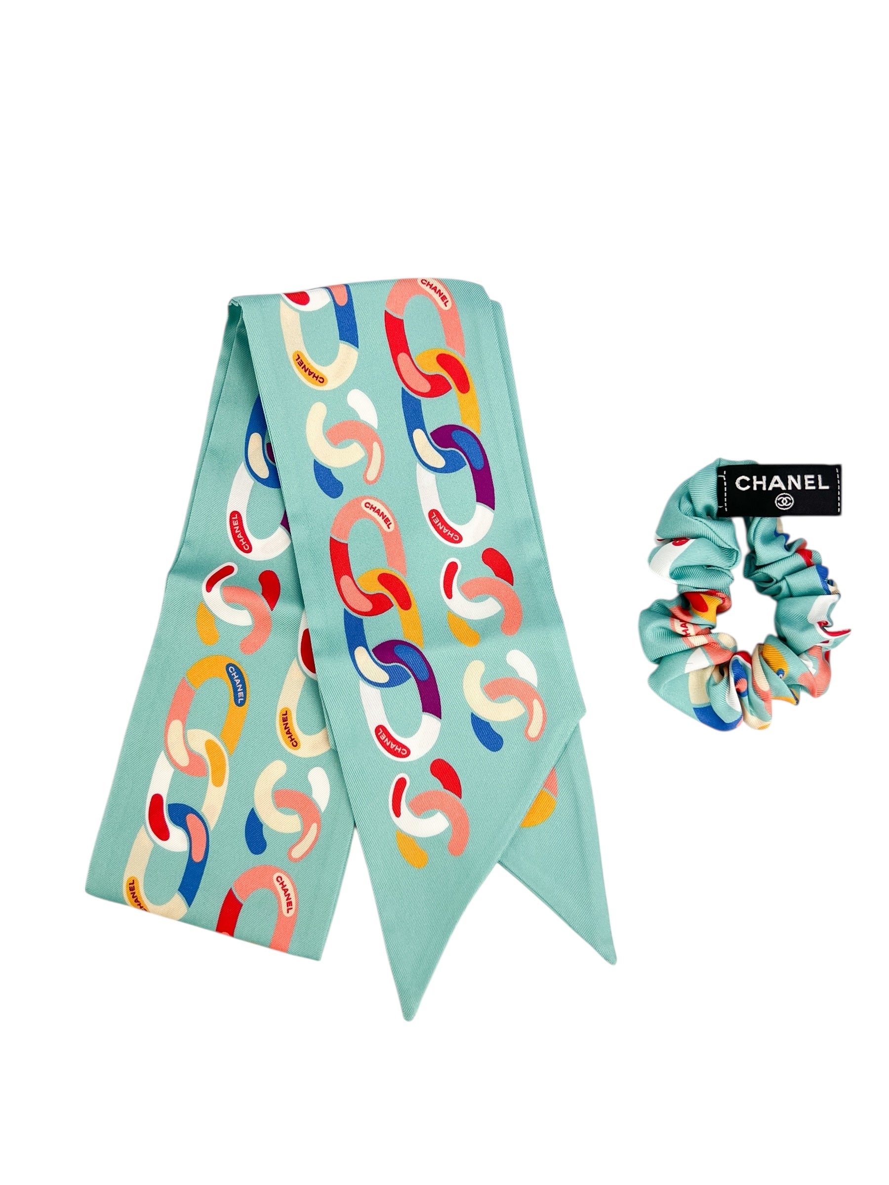 Chanel Large Silk Twilly & Scrunchy Set W/ Box