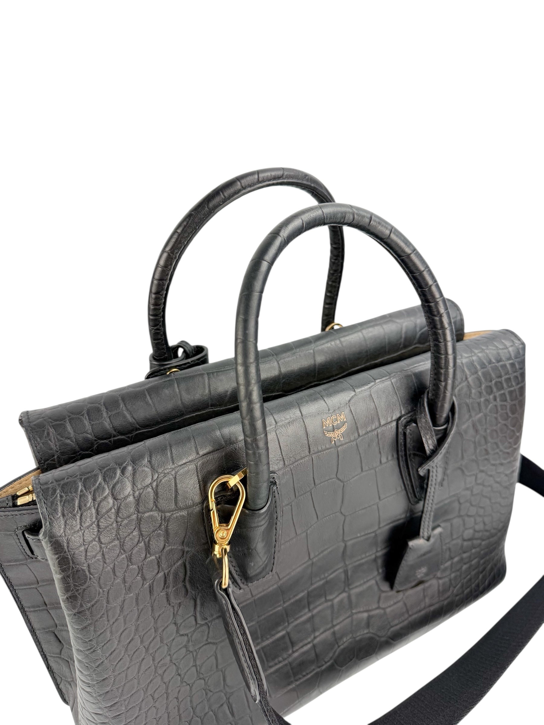 MCM Black Croc Embossed Milla Tote