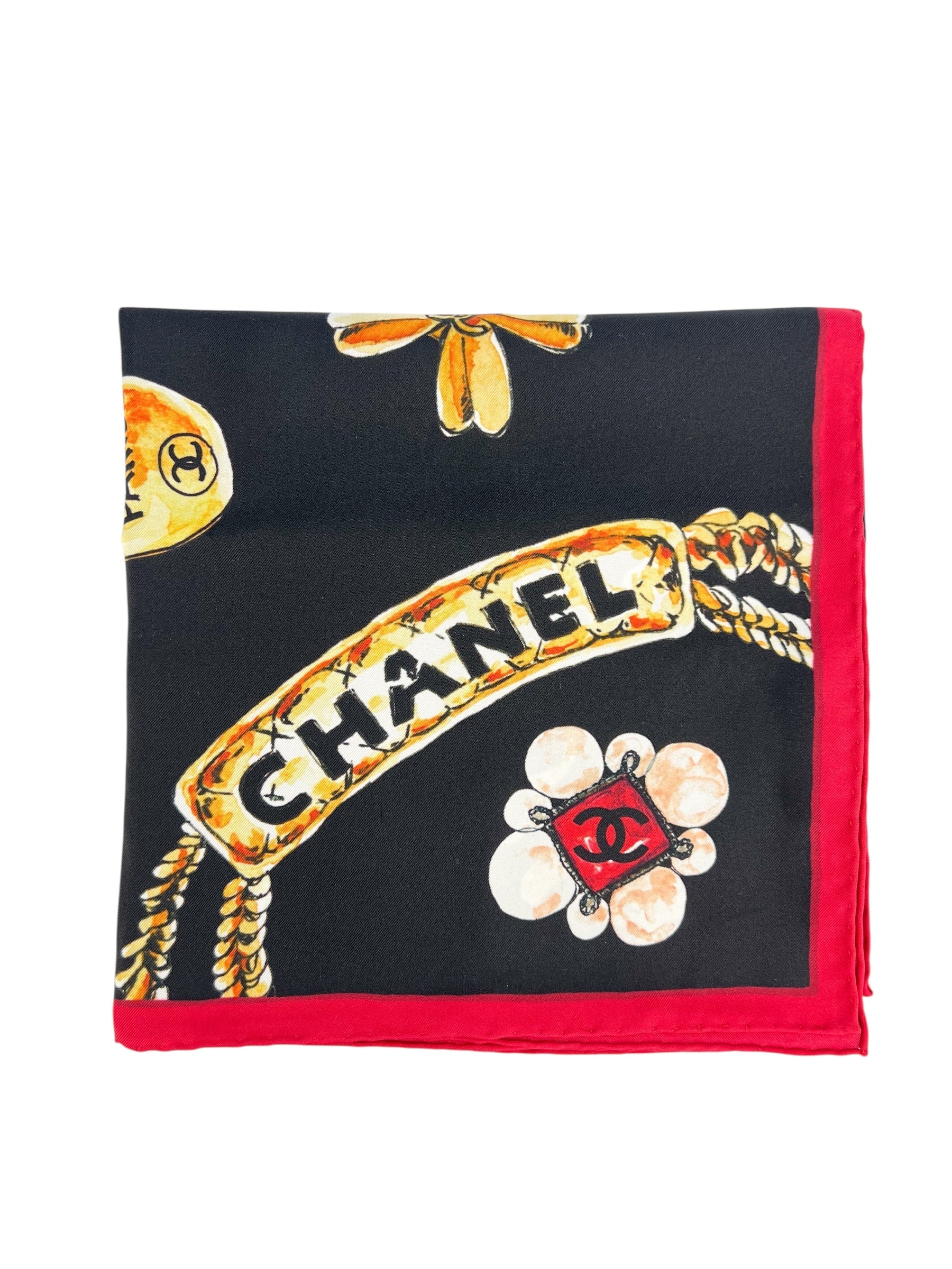Chanel Black and Red Silk Scarf