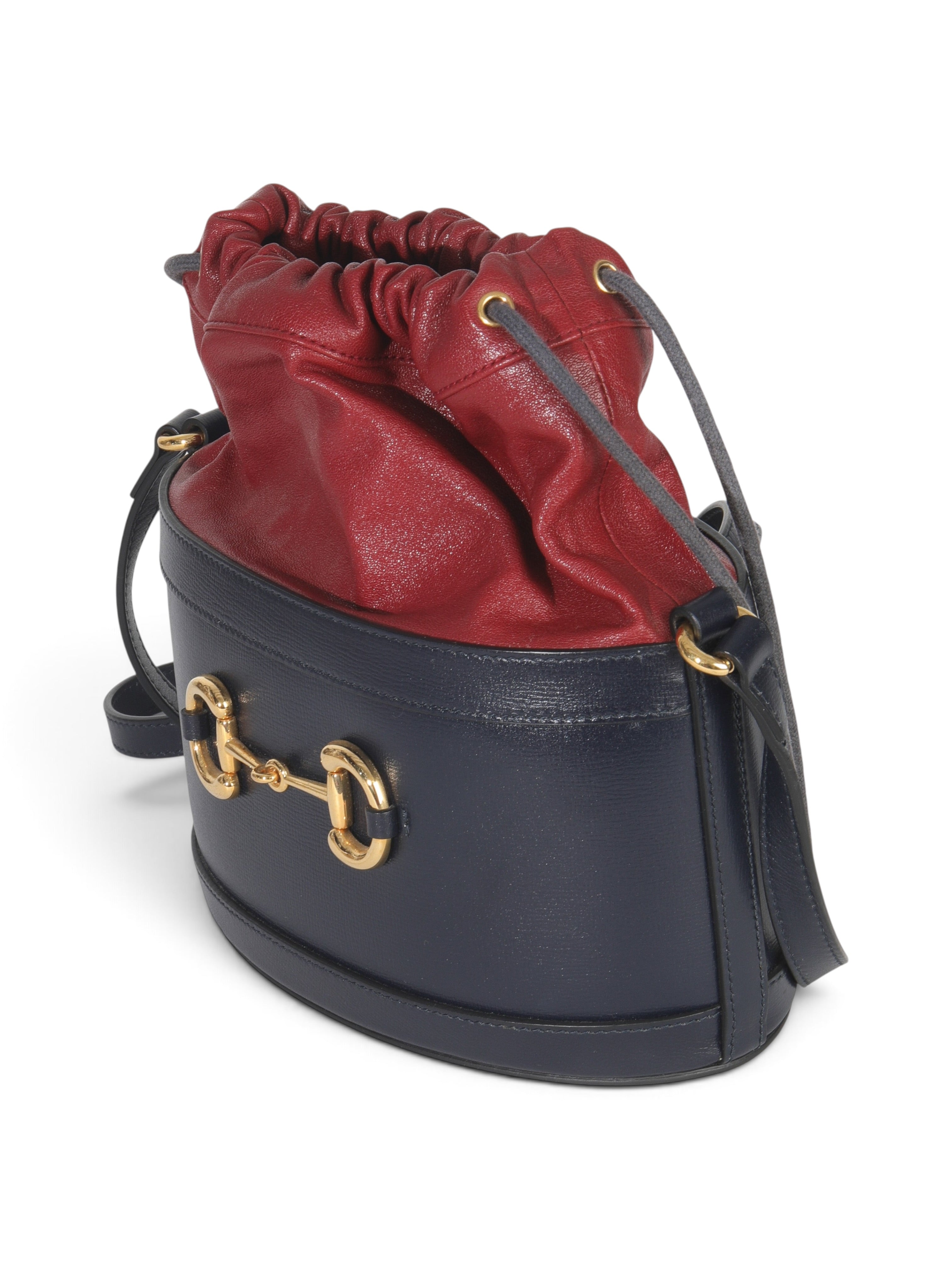 Gucci Red Navy Leather Horsebit 1955 Drawstring Bucket Bag