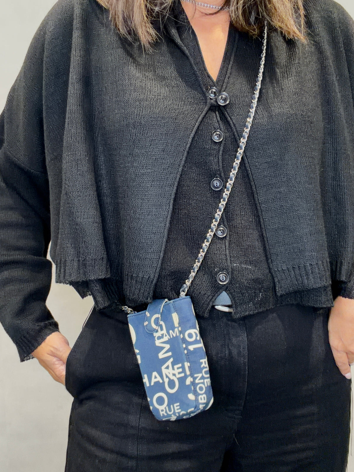 Chanel By Sea Canvas Cell Phone Chain Shoulder Bag Navy