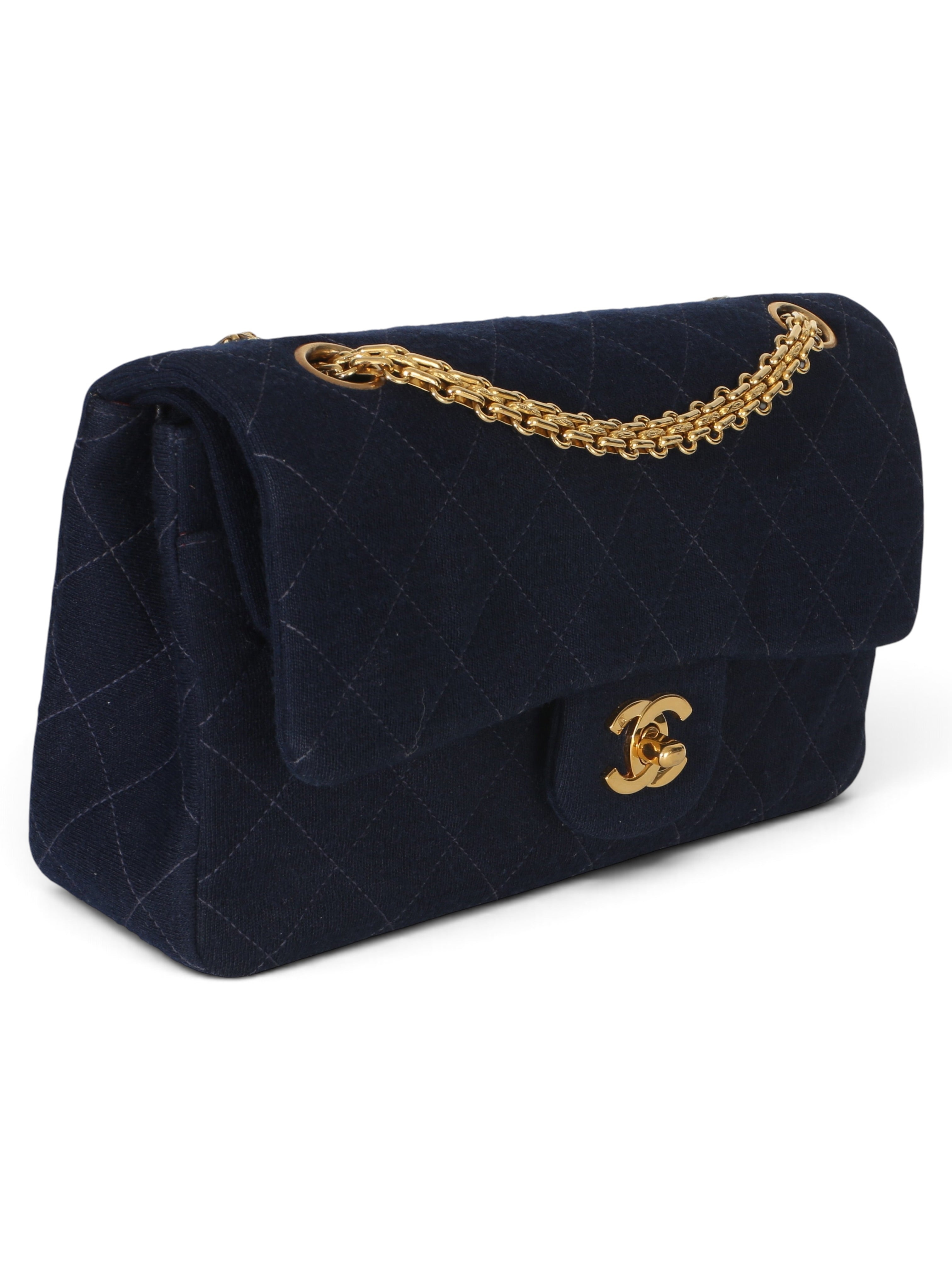 Chanel Vintage Blue Quilted Jersey Small Double Flap