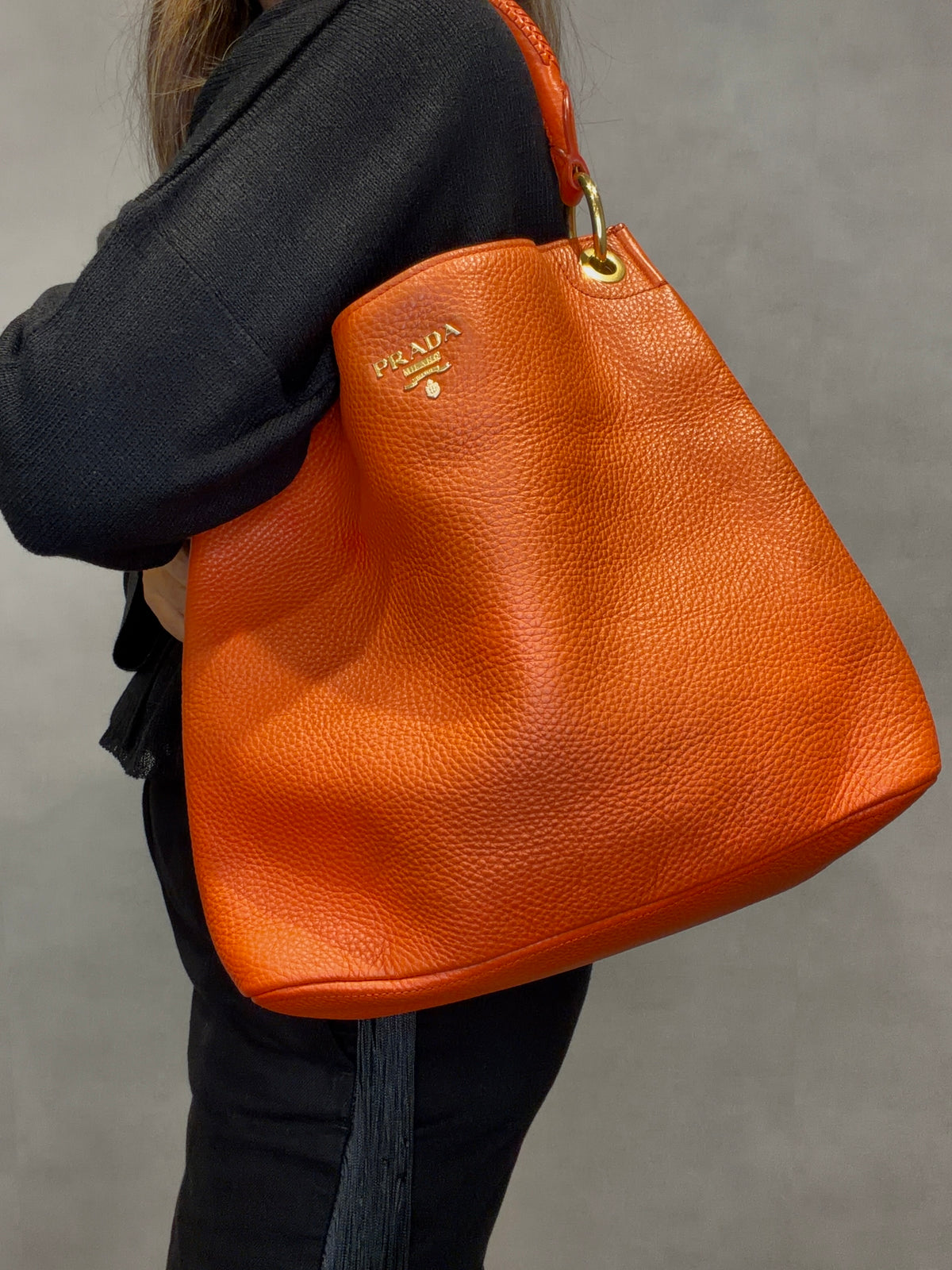 Prada Logo Leather Shoulder Bag Tote Bag Hand Bag Orange