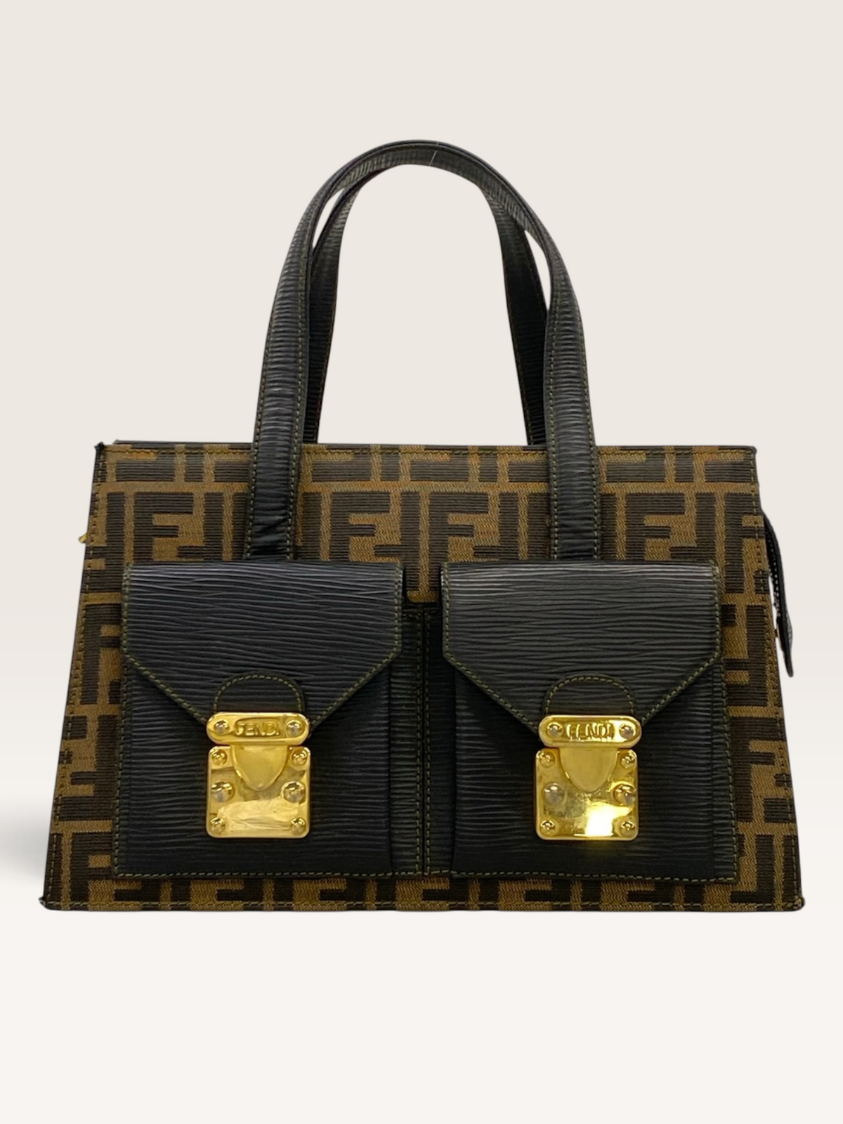 Fendi Zucca Handbag Black Brown Jacquard Leather