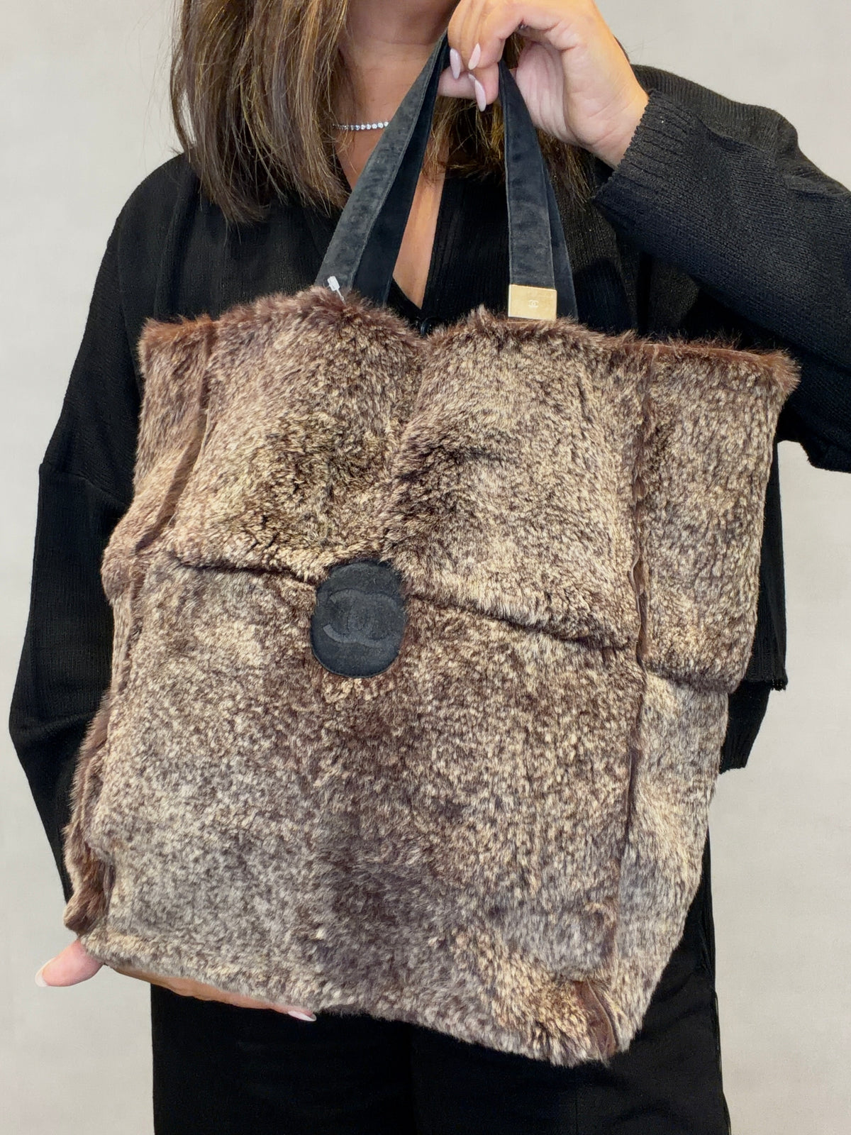 Chanel Lapin Rabbit Fur Suede Tote Bag Hand Bag Brown Beige