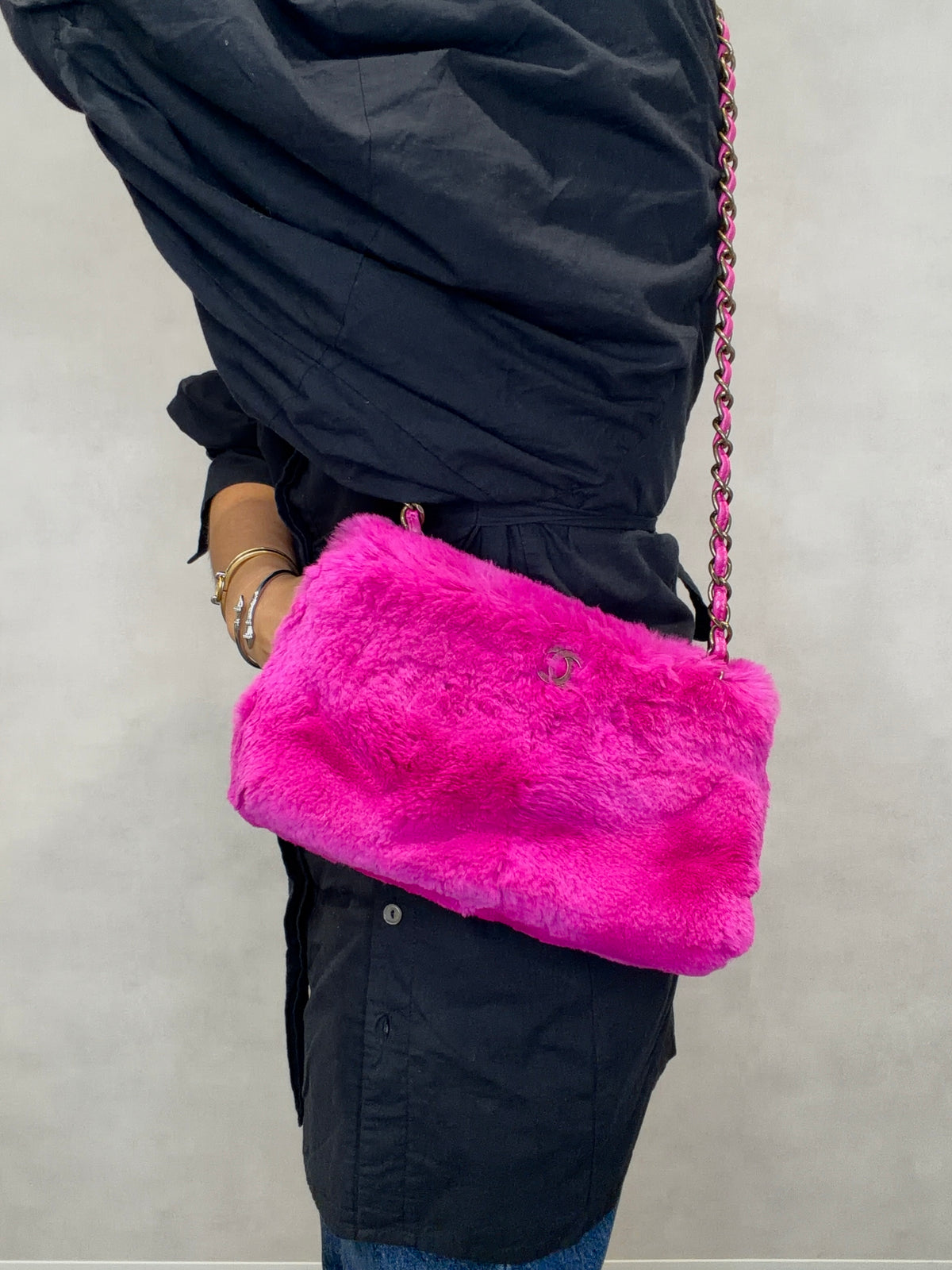 Chanel Lapin Rabbit Fur Leather Chain Shoulder Bag Puple