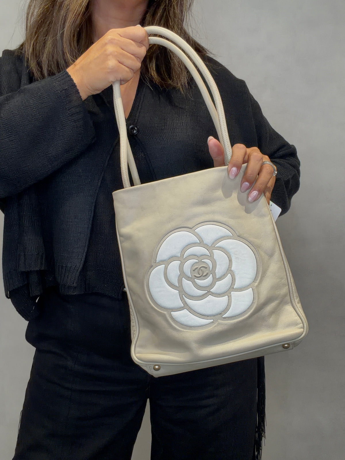 Chanel Logo Camellia Leather Tote Bag Shoulder Bag Beige