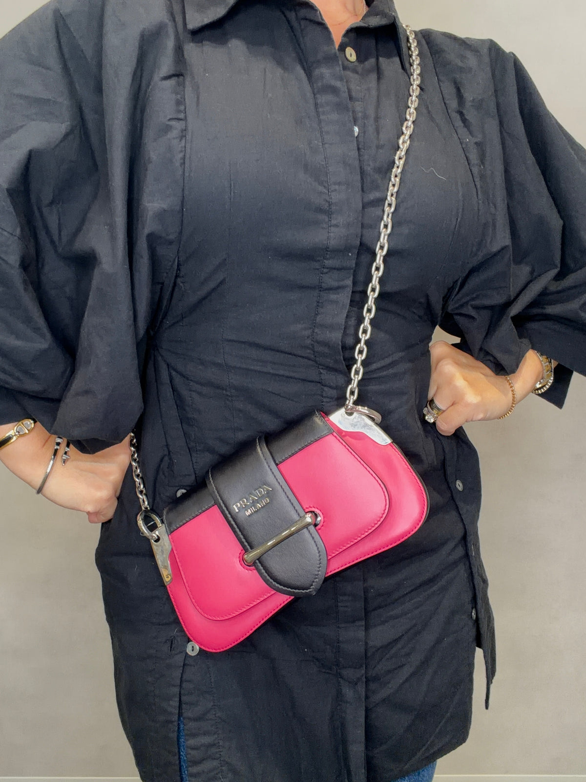 Prada Sidonie Leather Chain Mini Shoulder Crossbody Bag Pink Black
