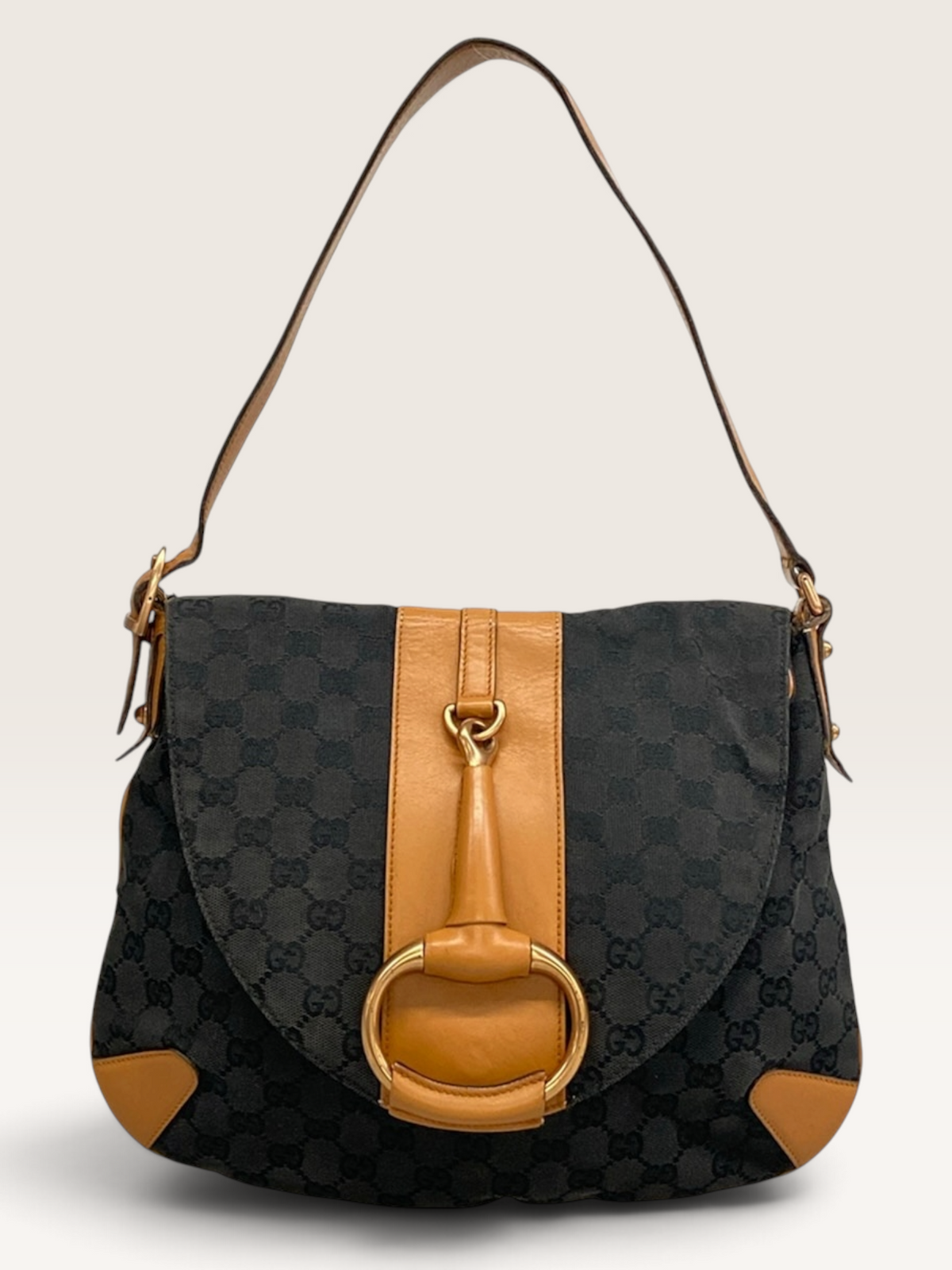 Gucci Horsebit Shoulder Bag Black GG Canvas Leather