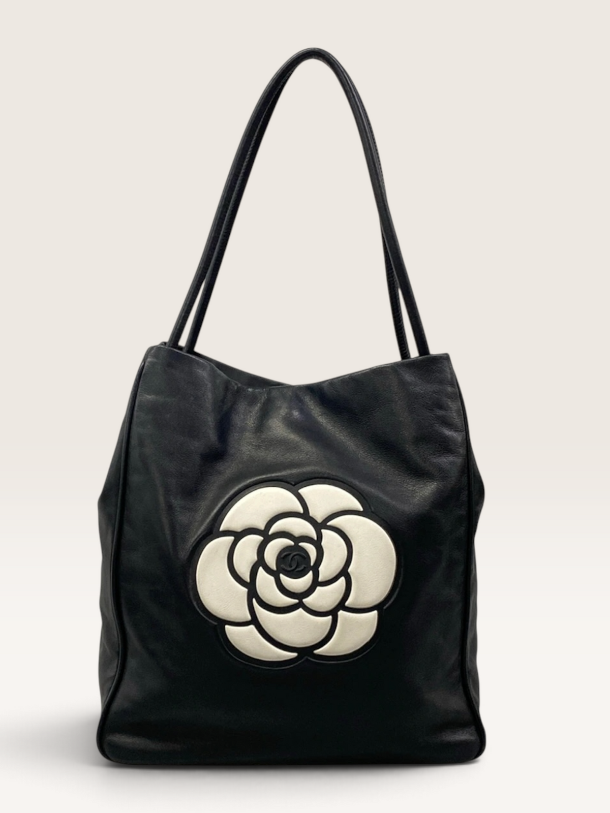 Chanel Camellia Tote Bag Black White Leather