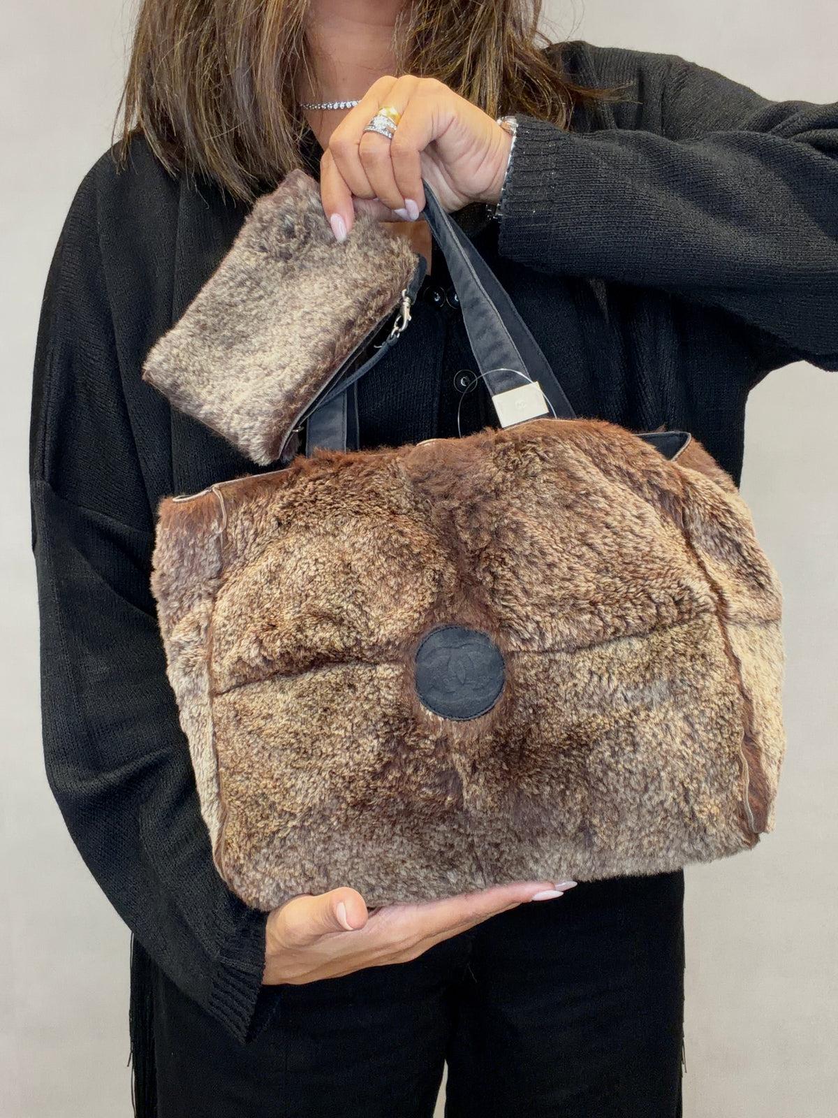 Chanel COCO Mark Lapin Suede Fur Hand Bag Tote Bag Brown