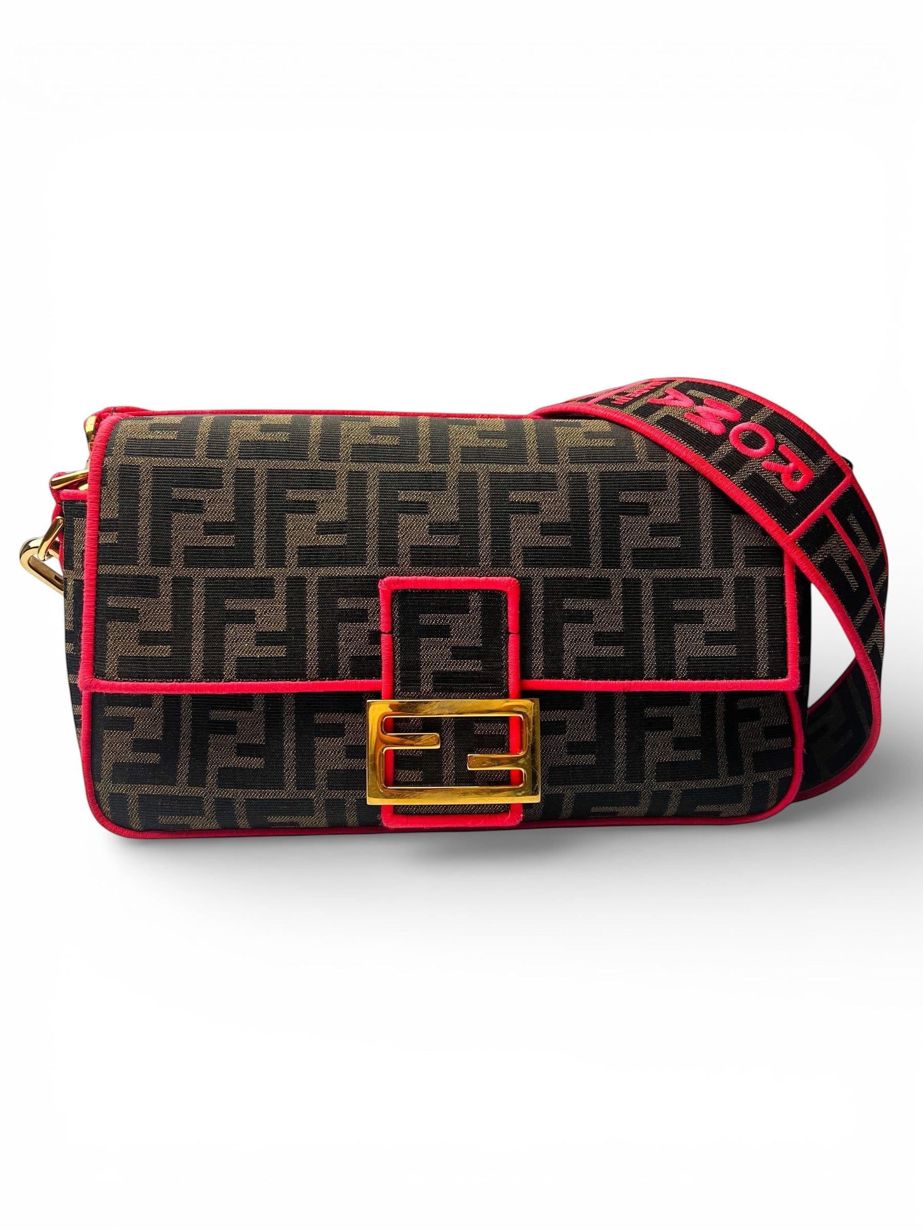 Fendi Zucca Canvas Brown and Pink Baguette Satchel