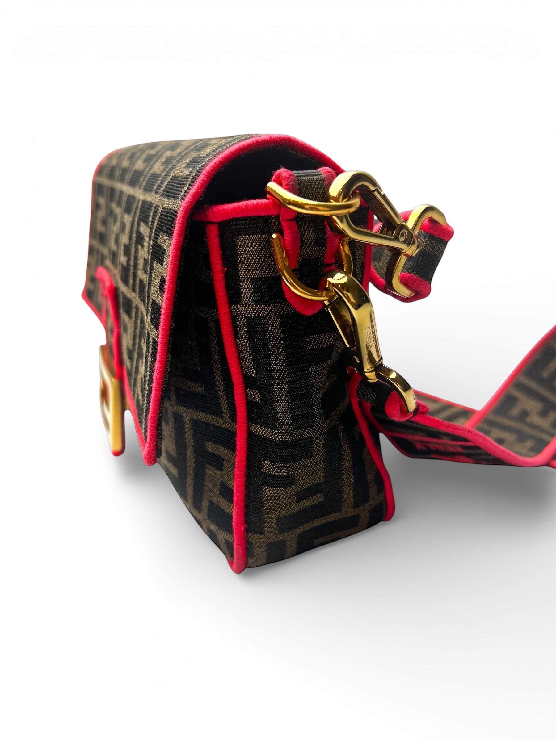Fendi Zucca Canvas Brown and Pink Baguette Satchel