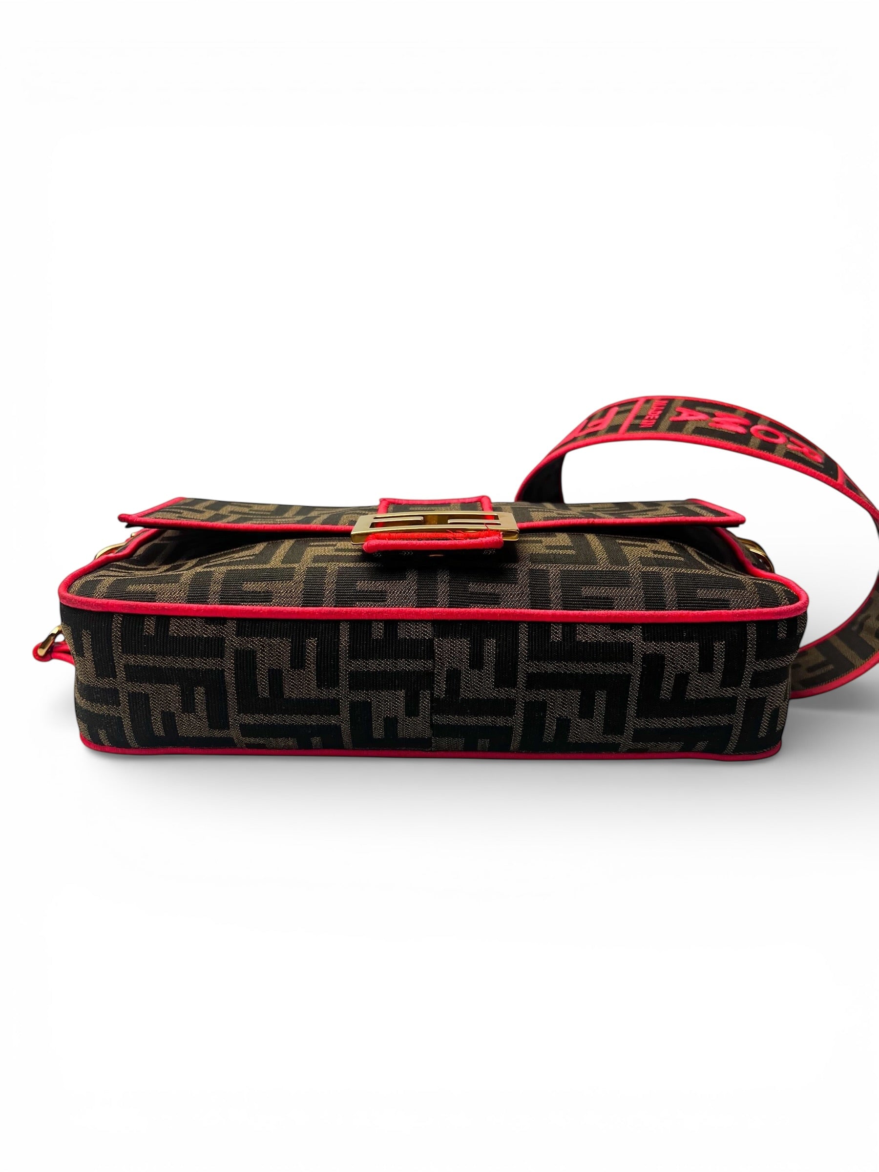 Fendi Zucca Canvas Brown and Pink Baguette Satchel