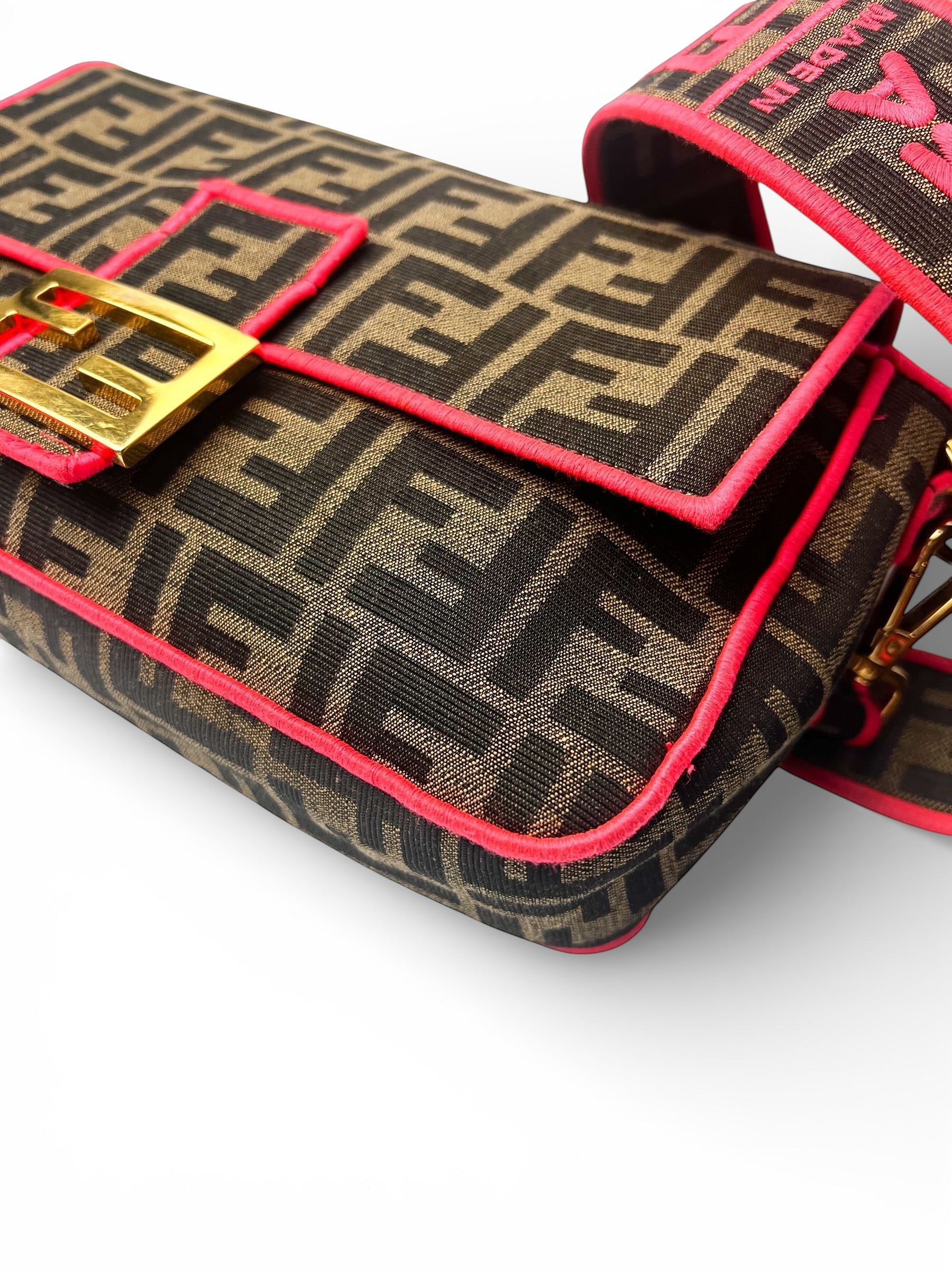 Fendi Zucca Canvas Brown and Pink Baguette Satchel