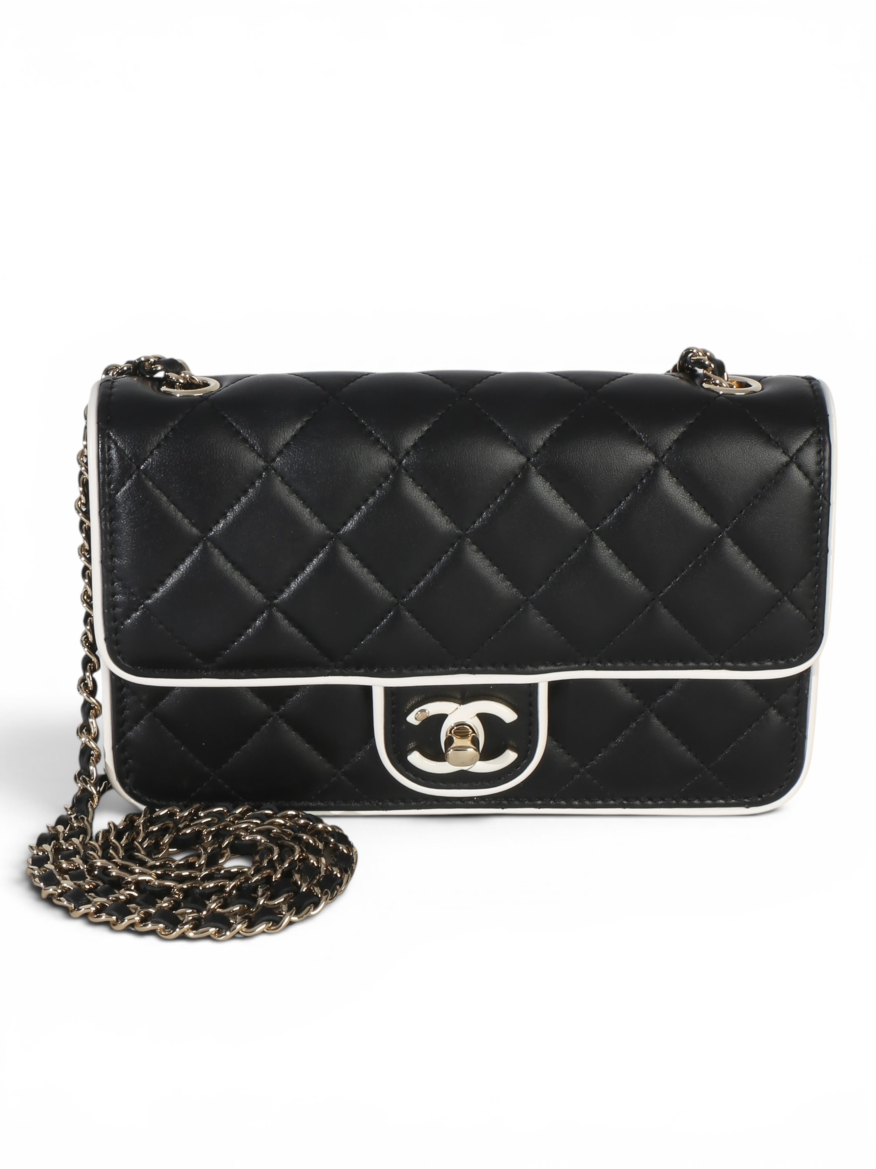Chanel Black & White Quilted Lambskin Flap Wallet On Chain
