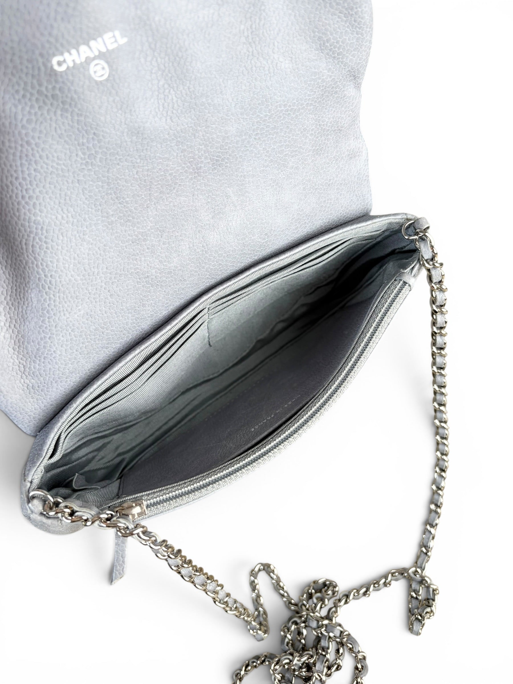 Chanel Grey Caviar Half Moon Wallet On Chain