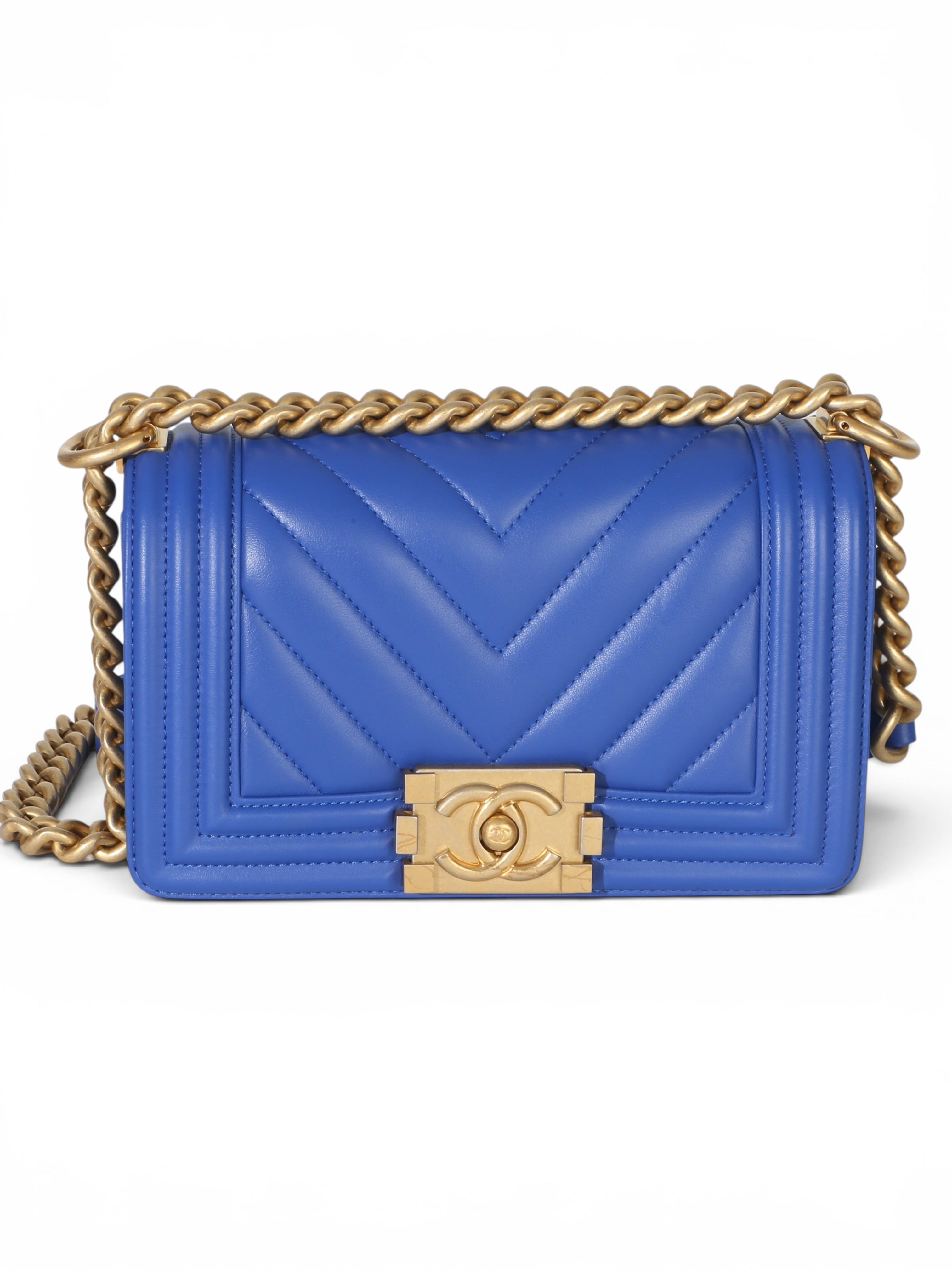 Chanel Blue Lambskin Chevron Small Boy Bag