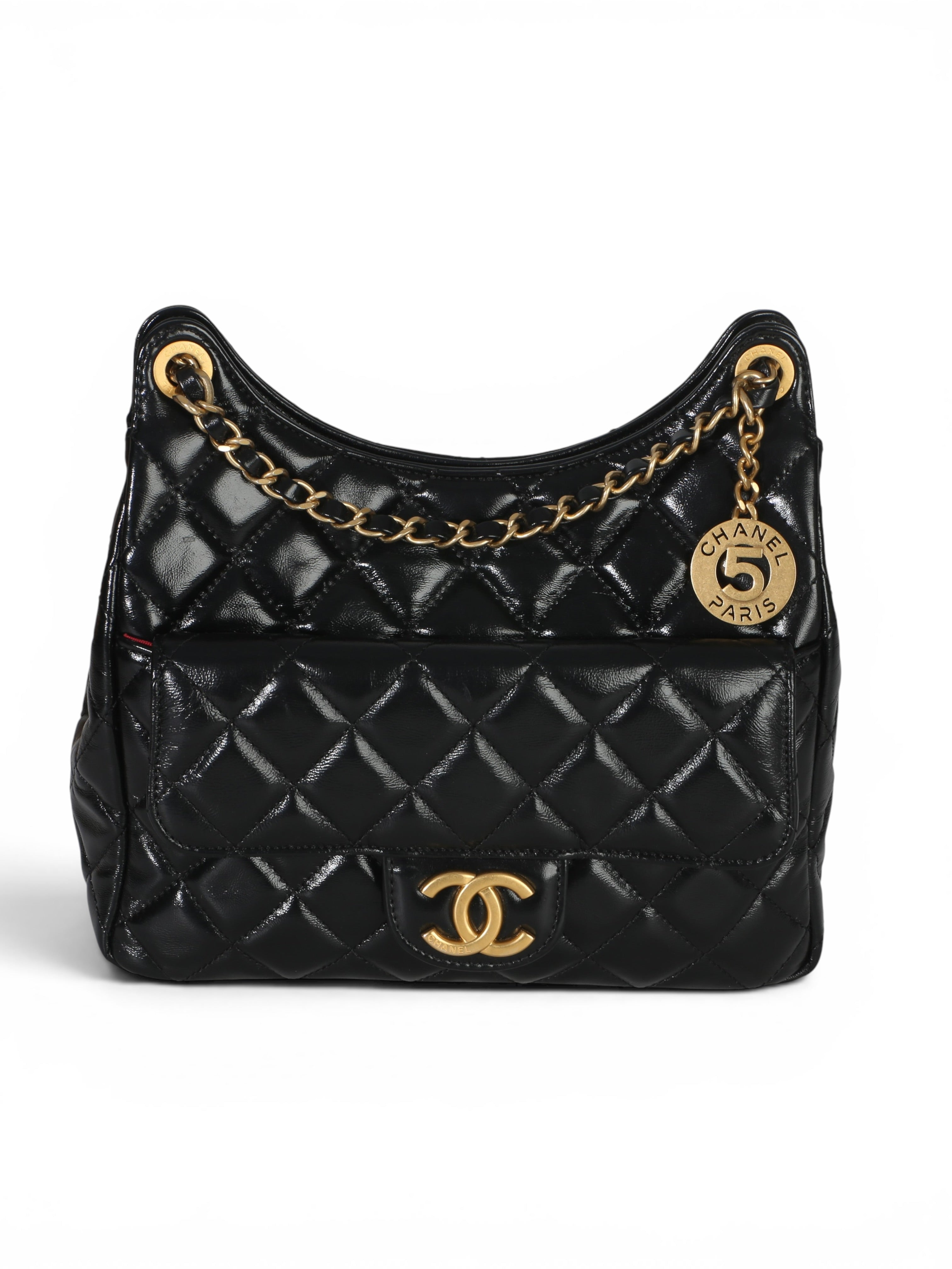 Chanel Black Crumpled Calfskin Small Wavy CC Hobo