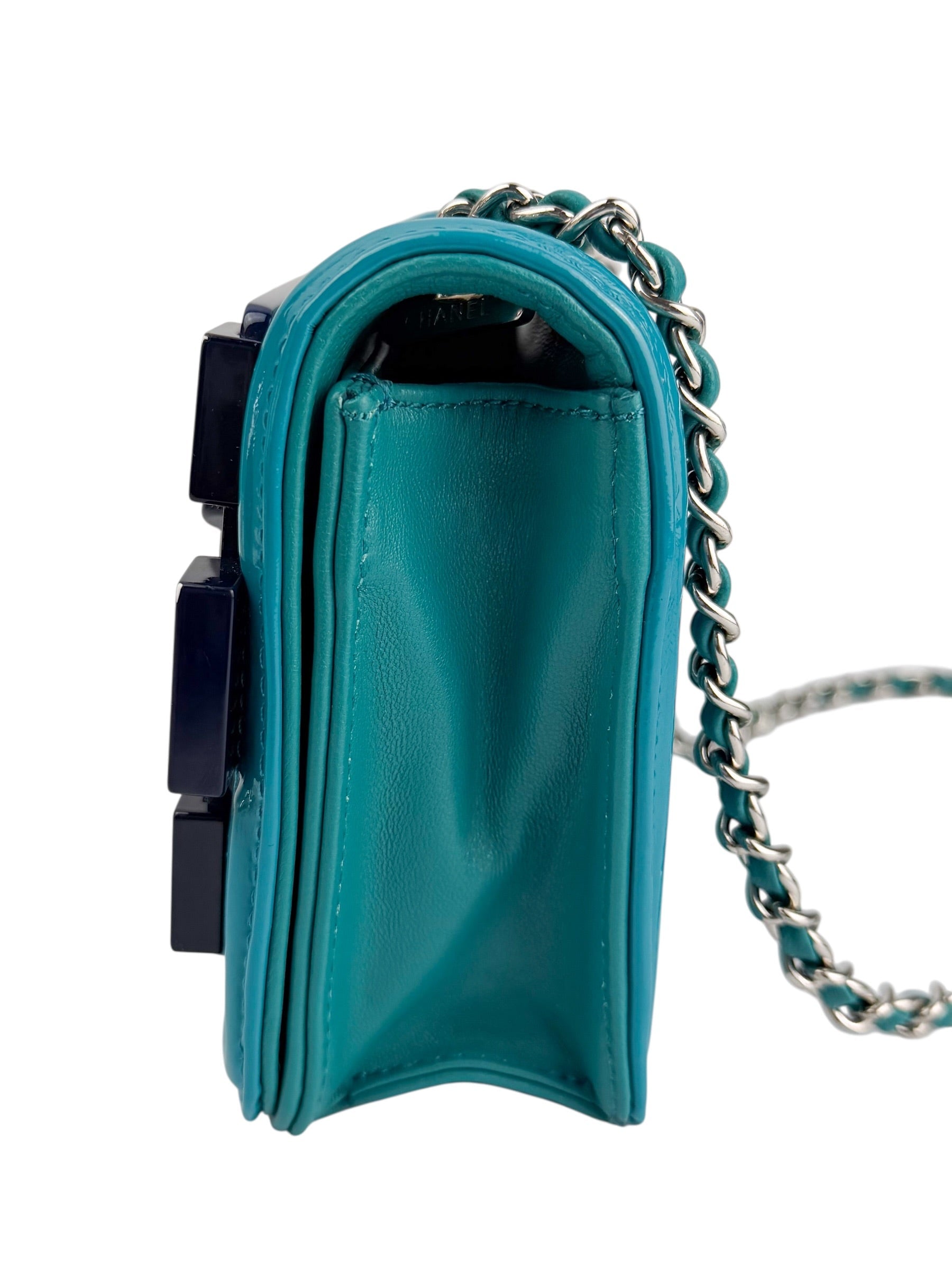 Chanel Turquoise Plexiglass and Patent Lego Boy Brick Flap
