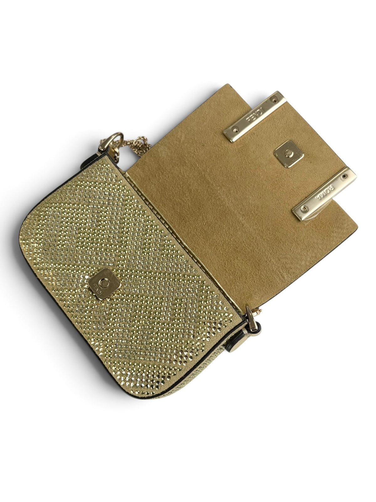 Fendi Gold Crystal FF Nano Baguette Charm Crossbody