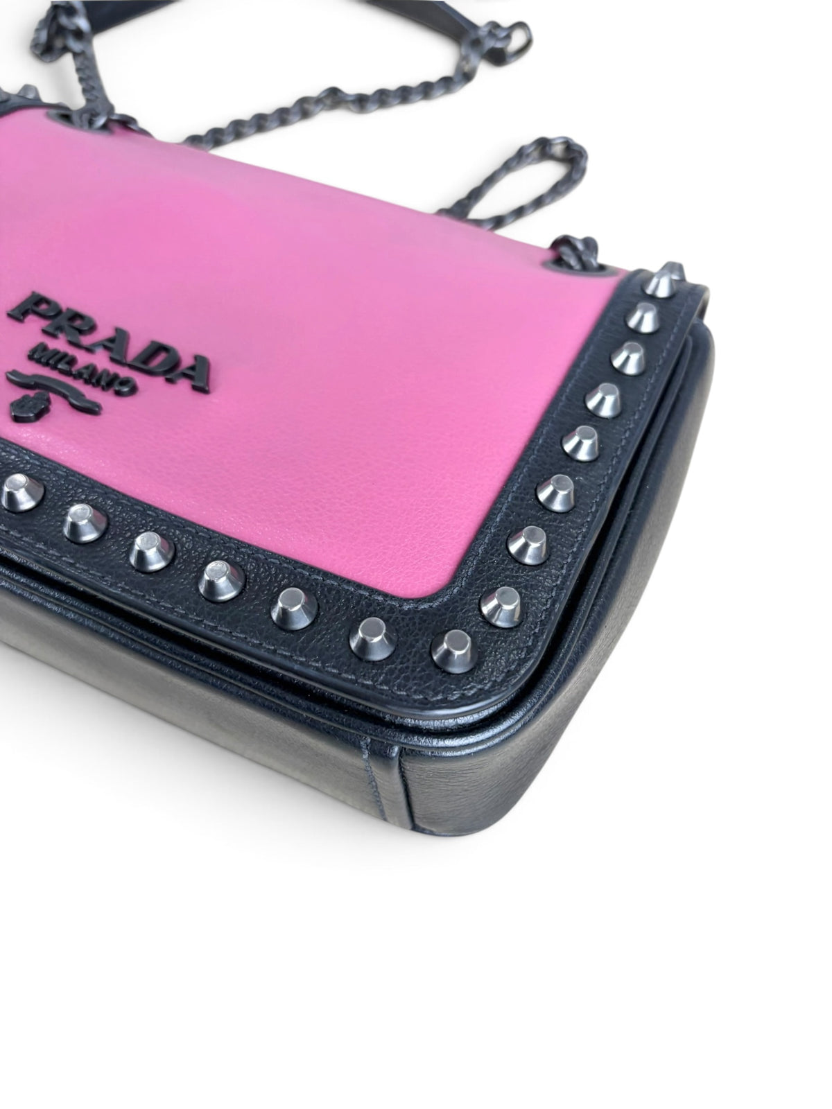 Prada Black Pink Leather Studded Chain Flap Bag