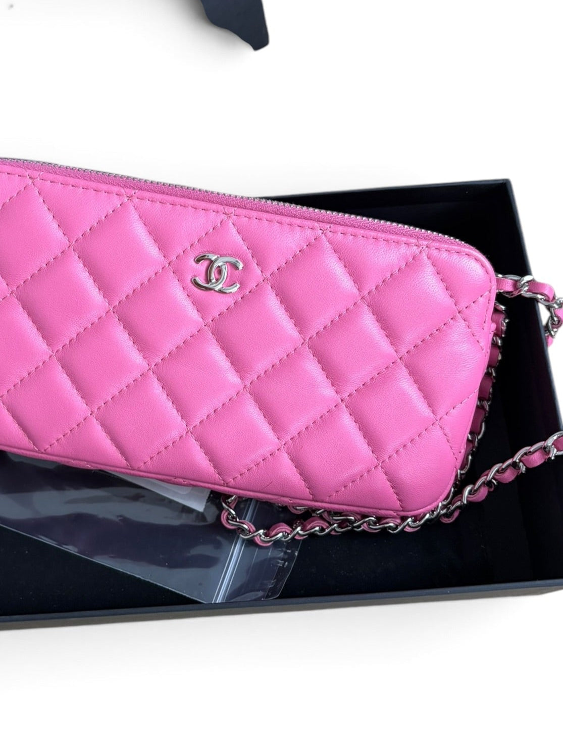 Chanel Pink Lambskin Double Zip Clutch On Chain