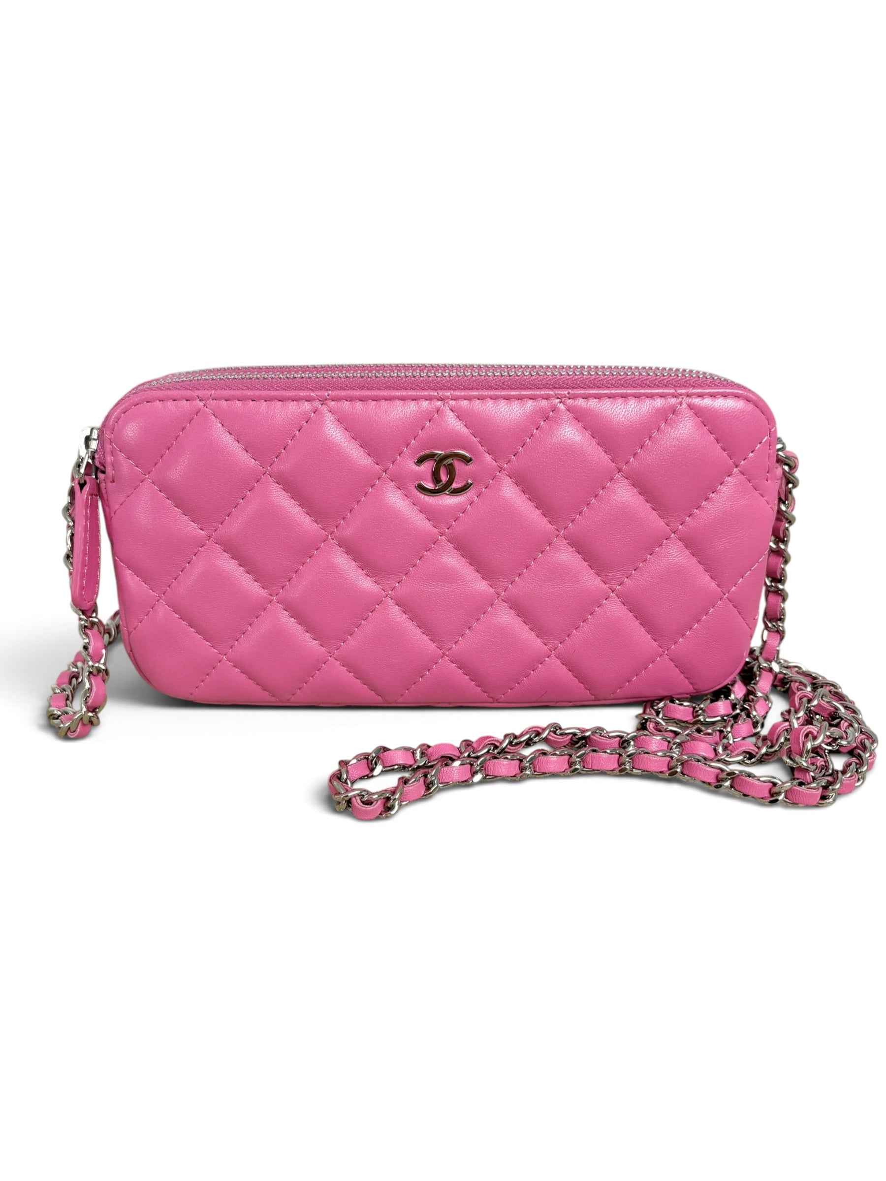 Chanel Pink Lambskin Double Zip Clutch On Chain