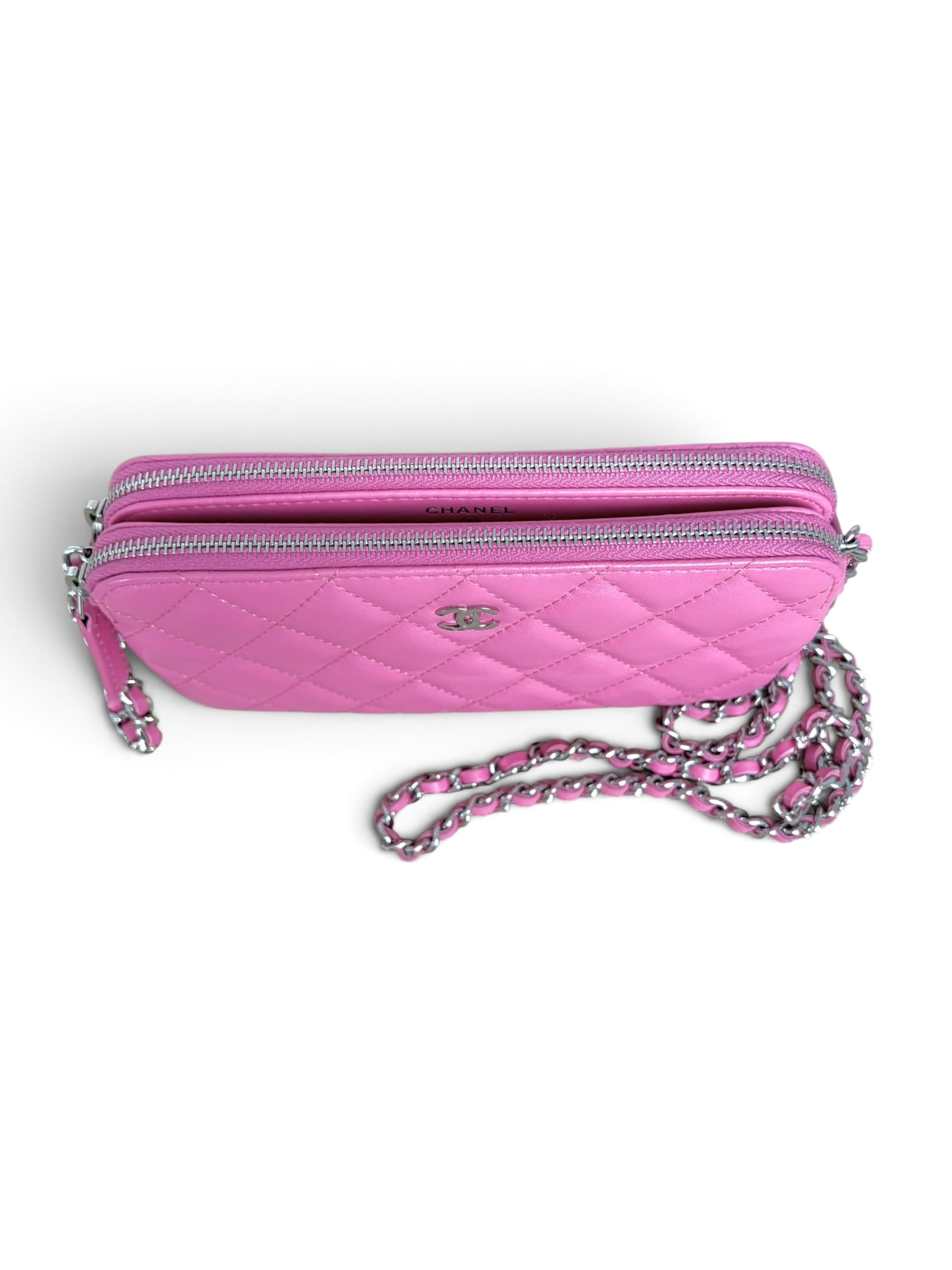 Chanel Pink Lambskin Double Zip Clutch On Chain