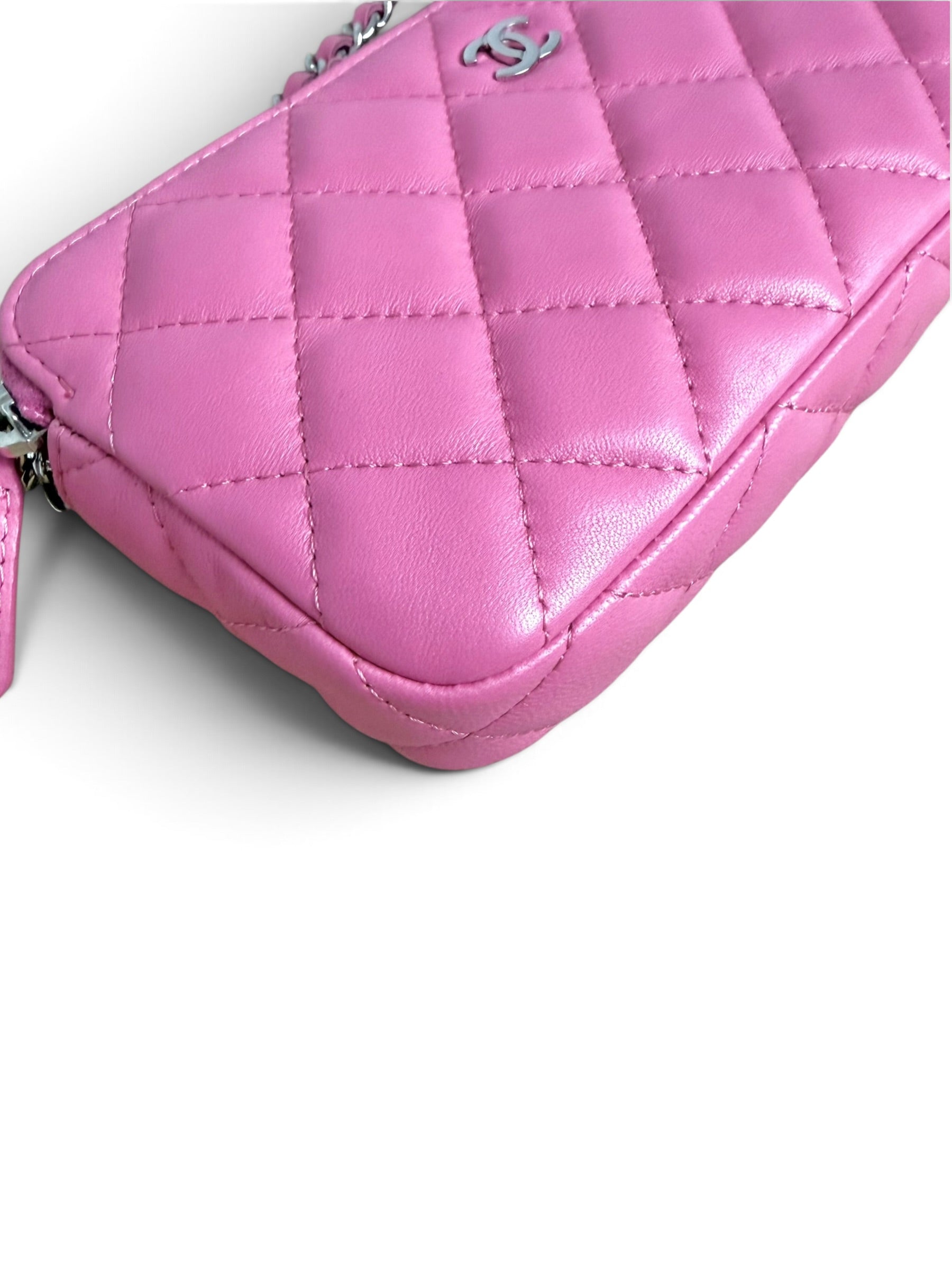 Chanel Pink Lambskin Double Zip Clutch On Chain