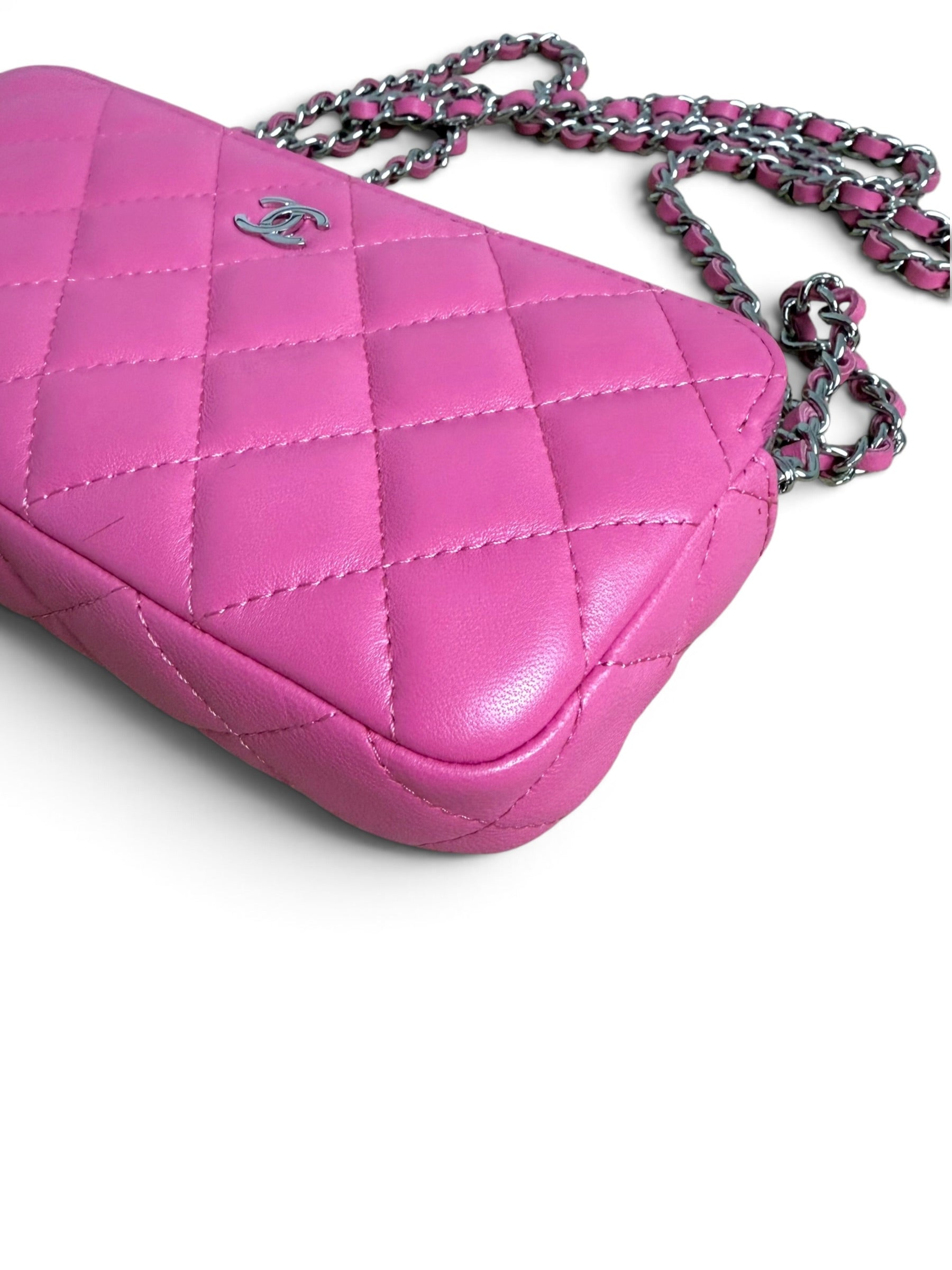 Chanel Pink Lambskin Double Zip Clutch On Chain