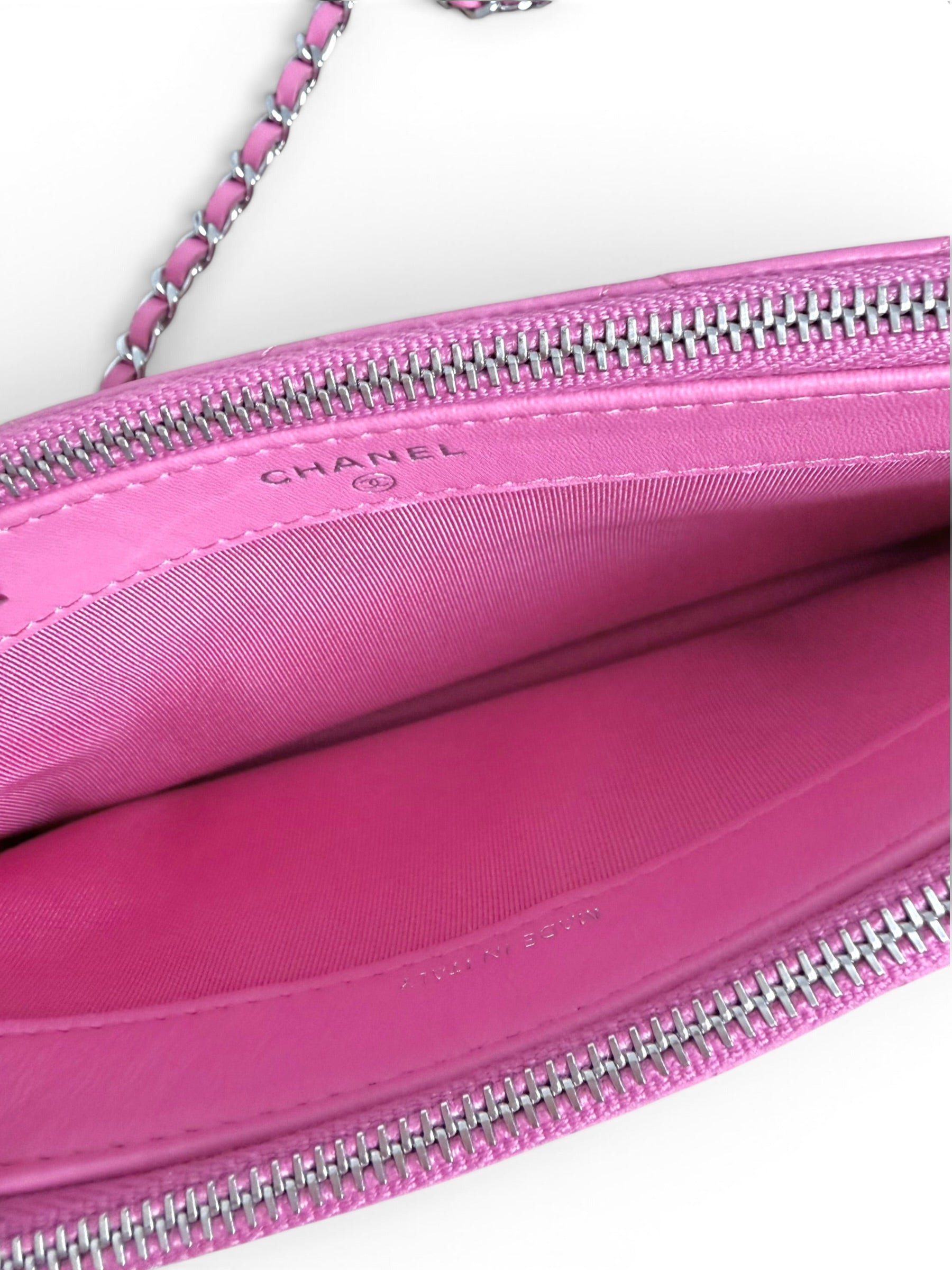 Chanel Pink Lambskin Double Zip Clutch On Chain