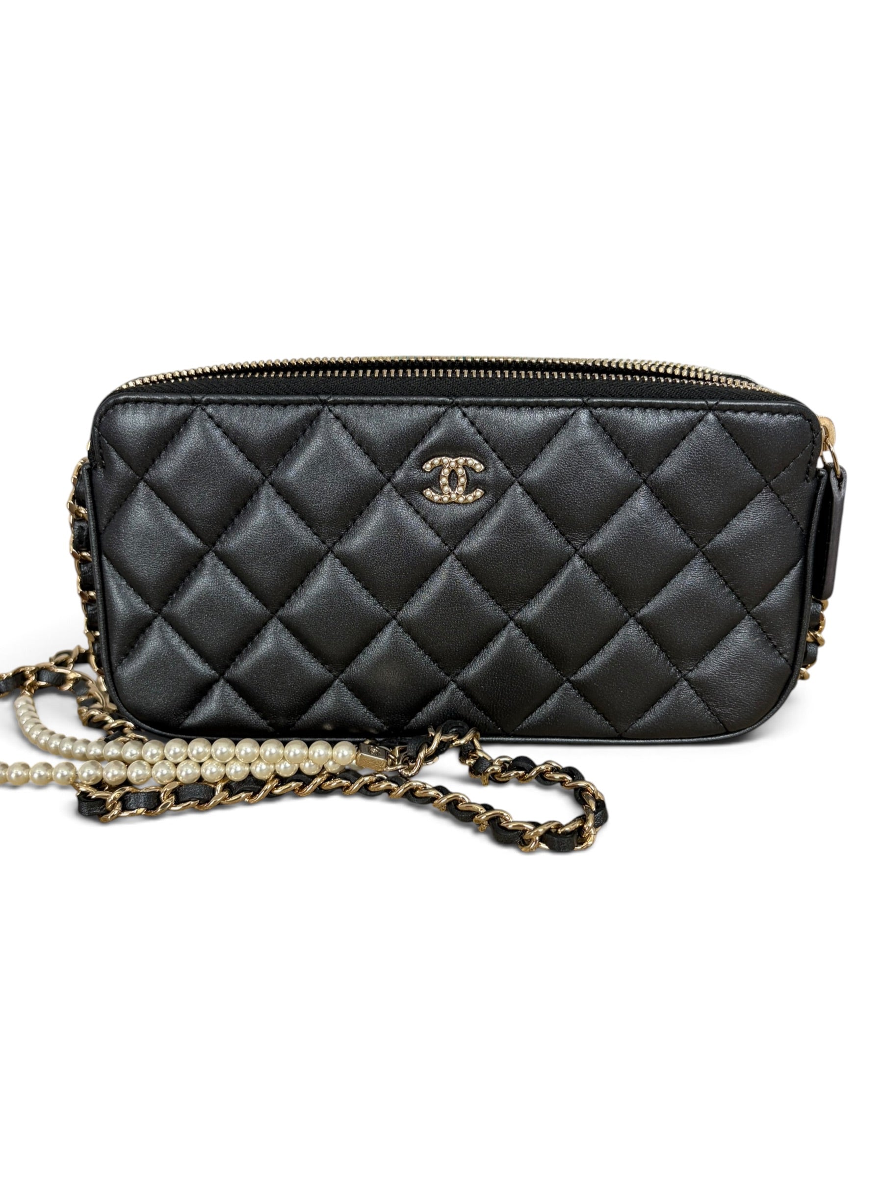 Chanel Shimmer Lambskin Double Zip Phone Holder On Chain