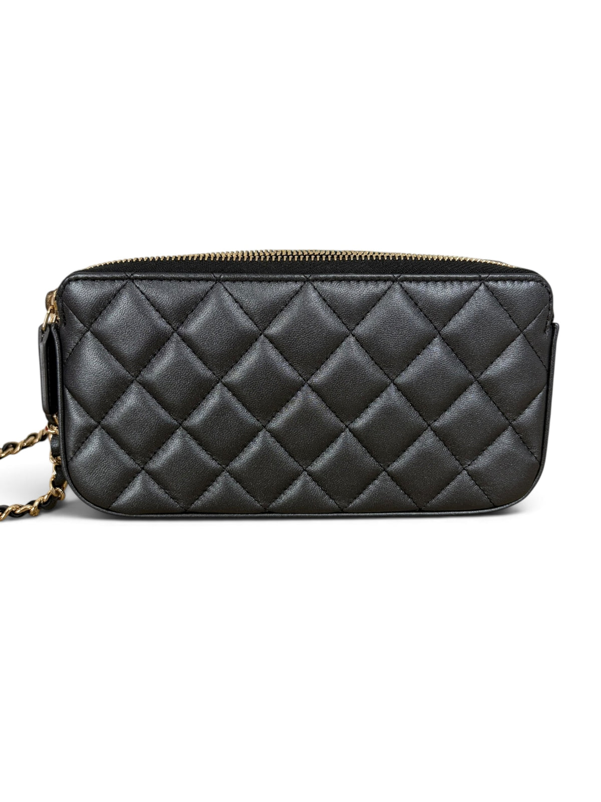 Chanel Shimmer Lambskin Double Zip Phone Holder On Chain