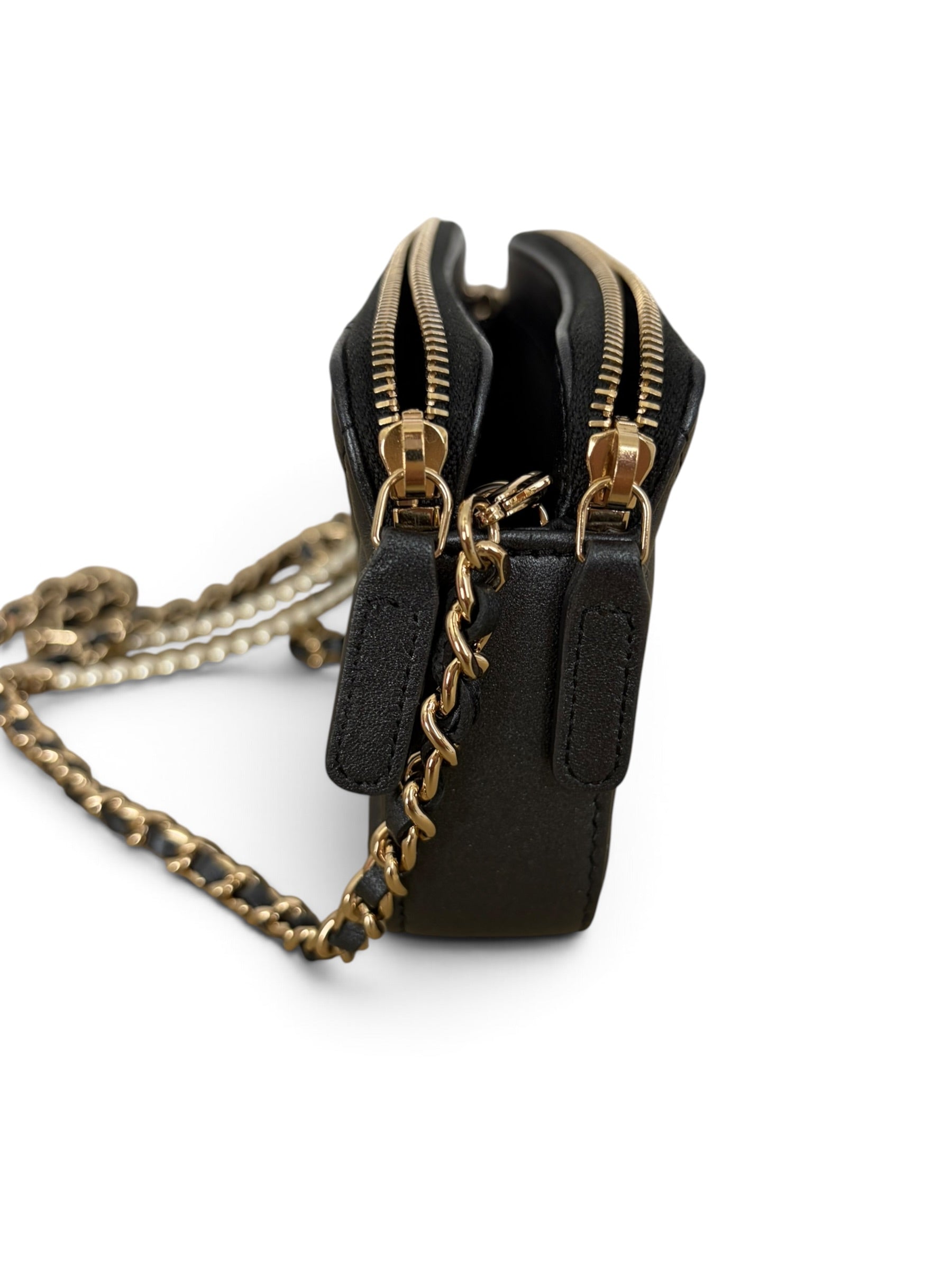 Chanel Shimmer Lambskin Double Zip Phone Holder On Chain