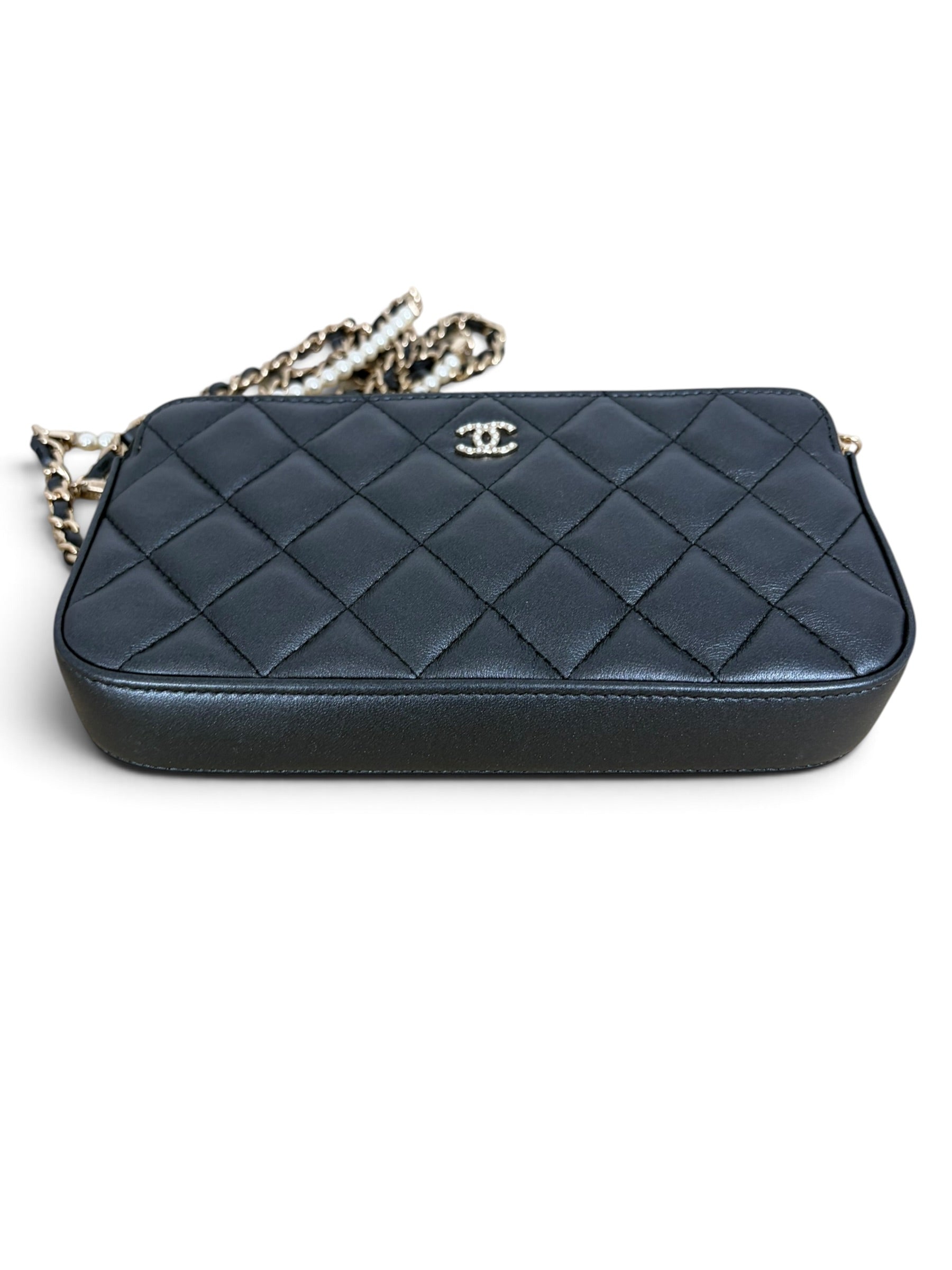 Chanel Shimmer Lambskin Double Zip Phone Holder On Chain