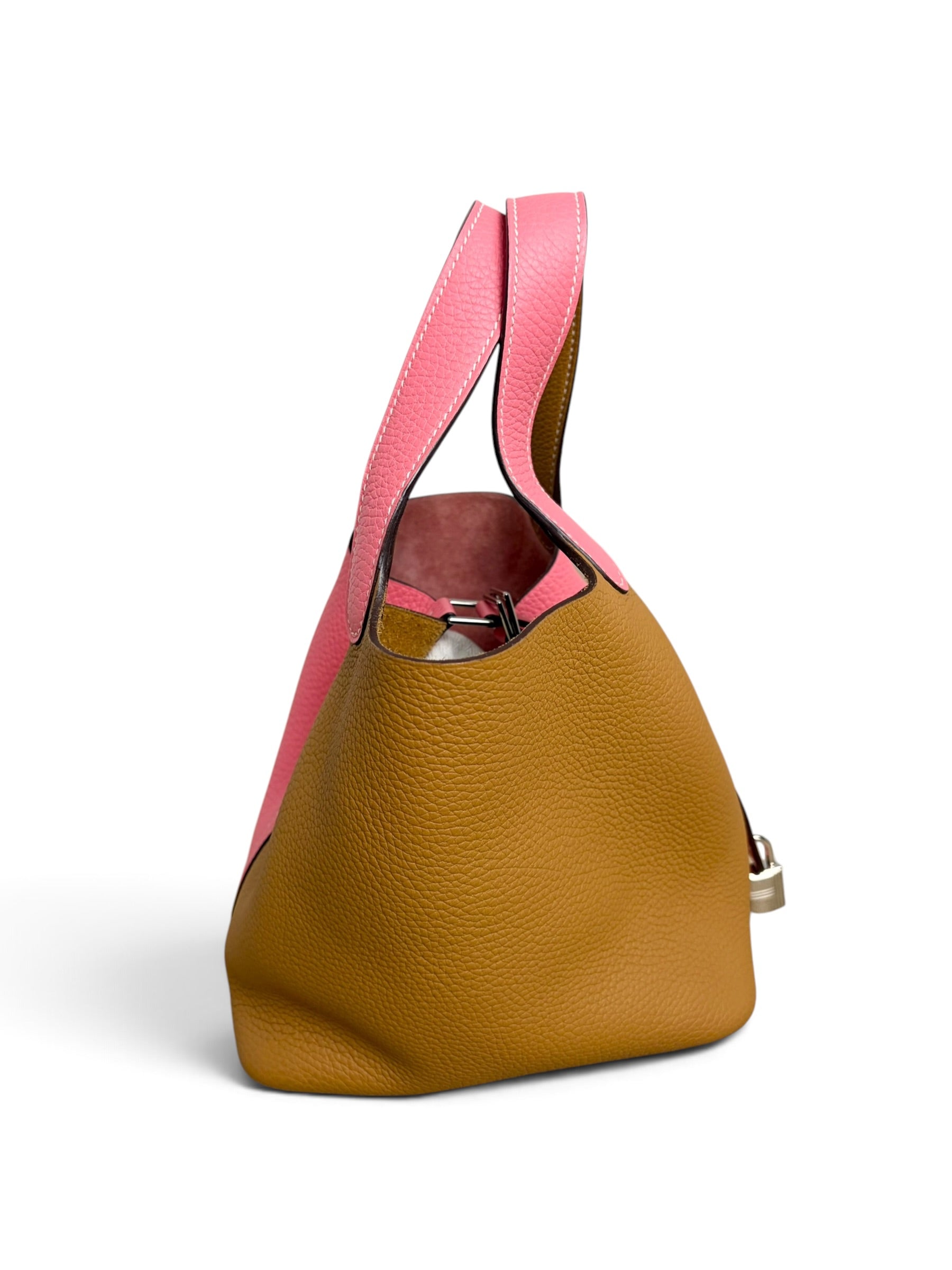 Hermes Rose Azalee Sesame Clemence Casaque Picotin Lock 18