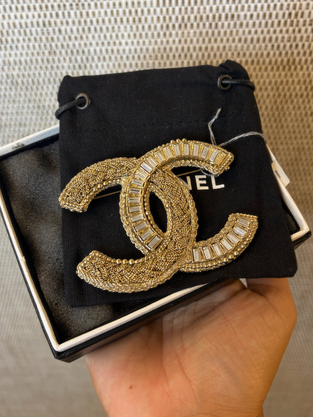 Chanel Gold Tone XL CC Baguette Brooch In Box