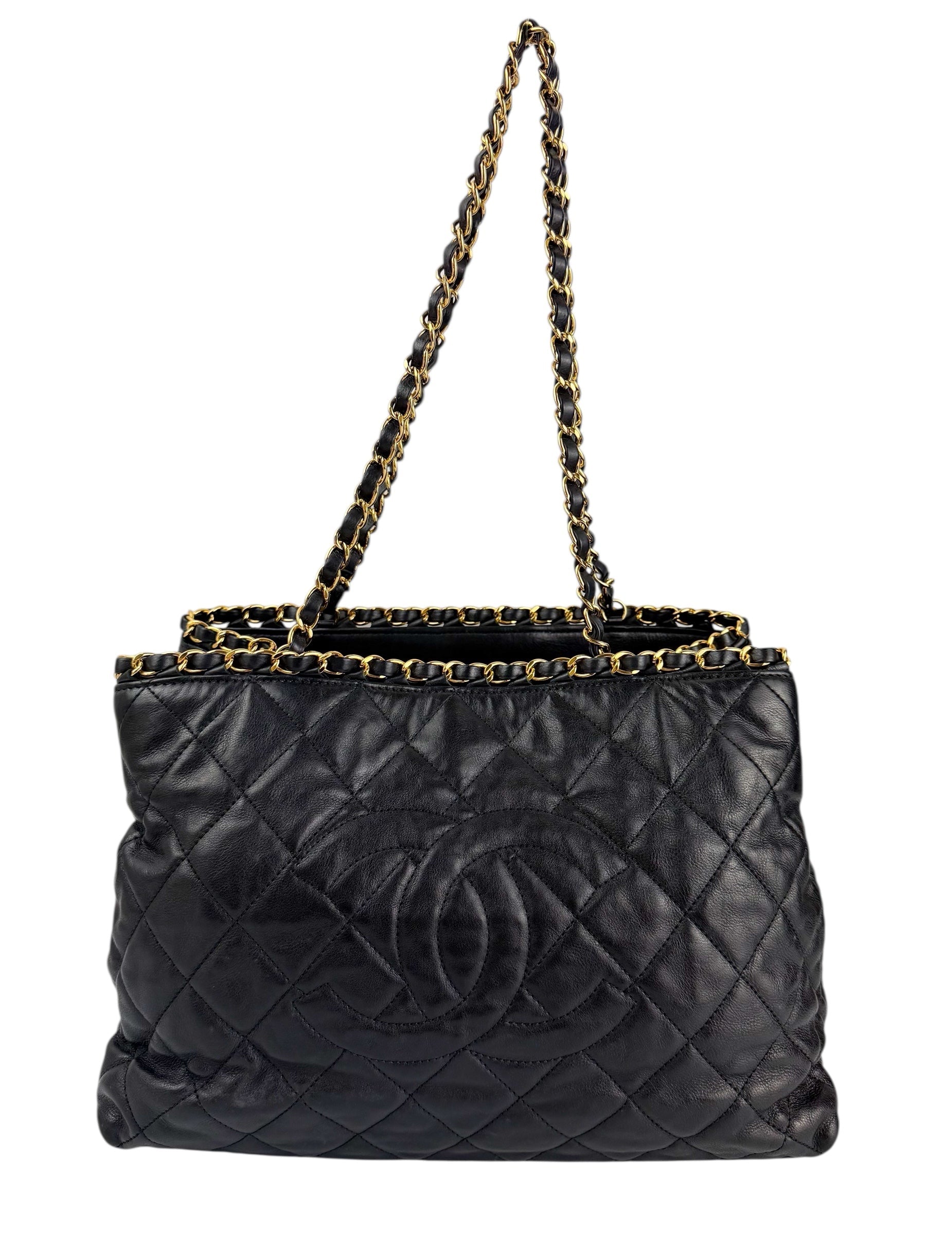 Chanel Black Calfskin Quilted Chain Me Tote